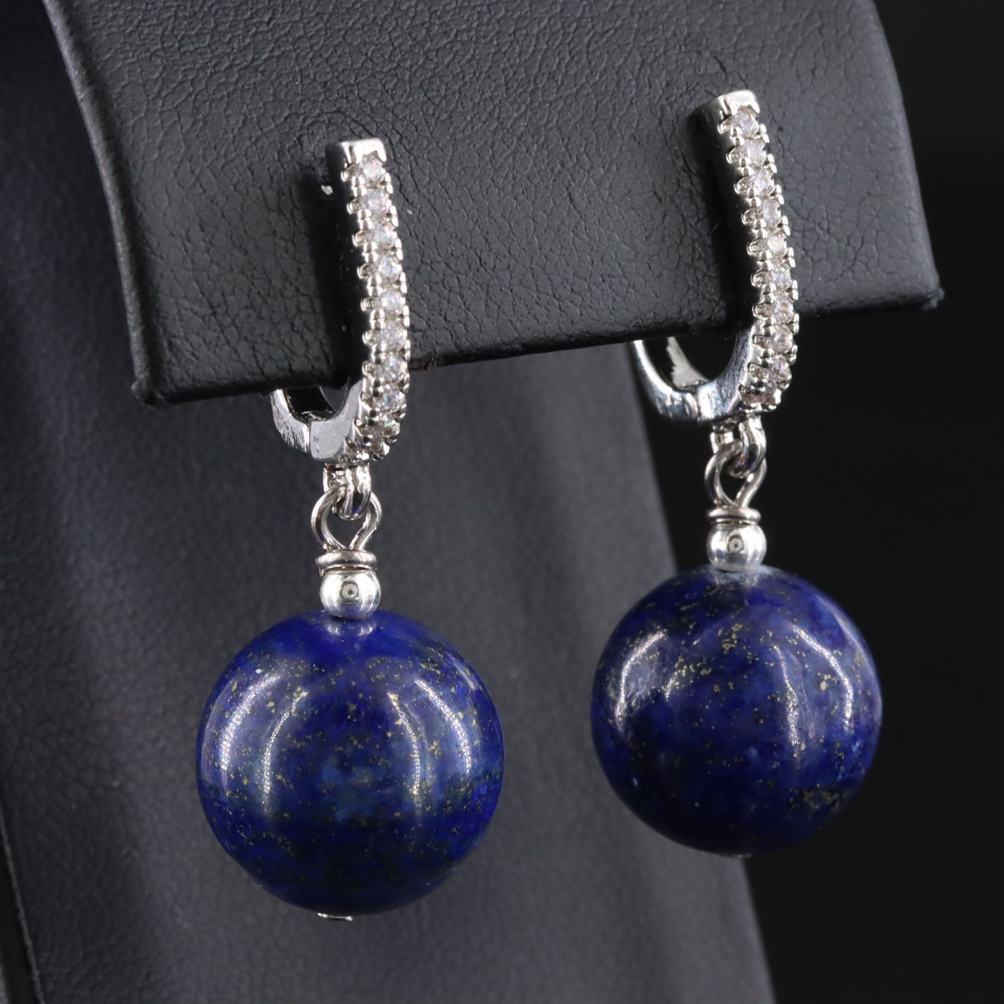 Lapis Lazuli Bead Drop Earrings with CZ Accents