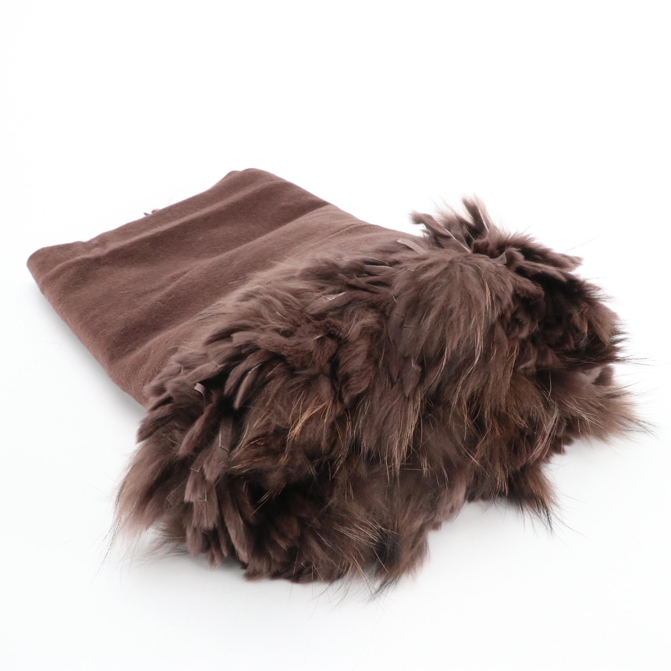 Cochni Brown Wool, Cashmere and Rabbit Fur Fringe Scarf Shawl