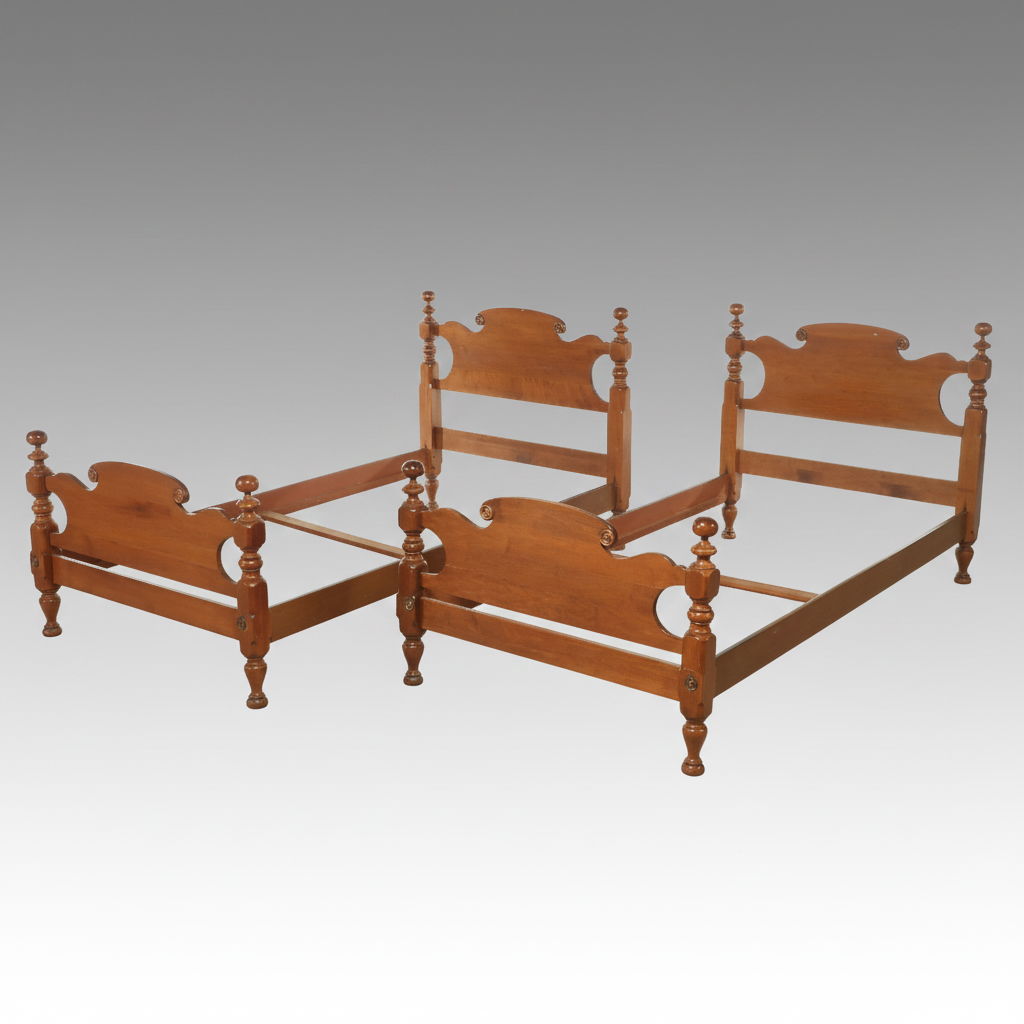 Pair of Federal Style Cherry Cannonball Twin Bed Frames, Early to Mid-20th C.