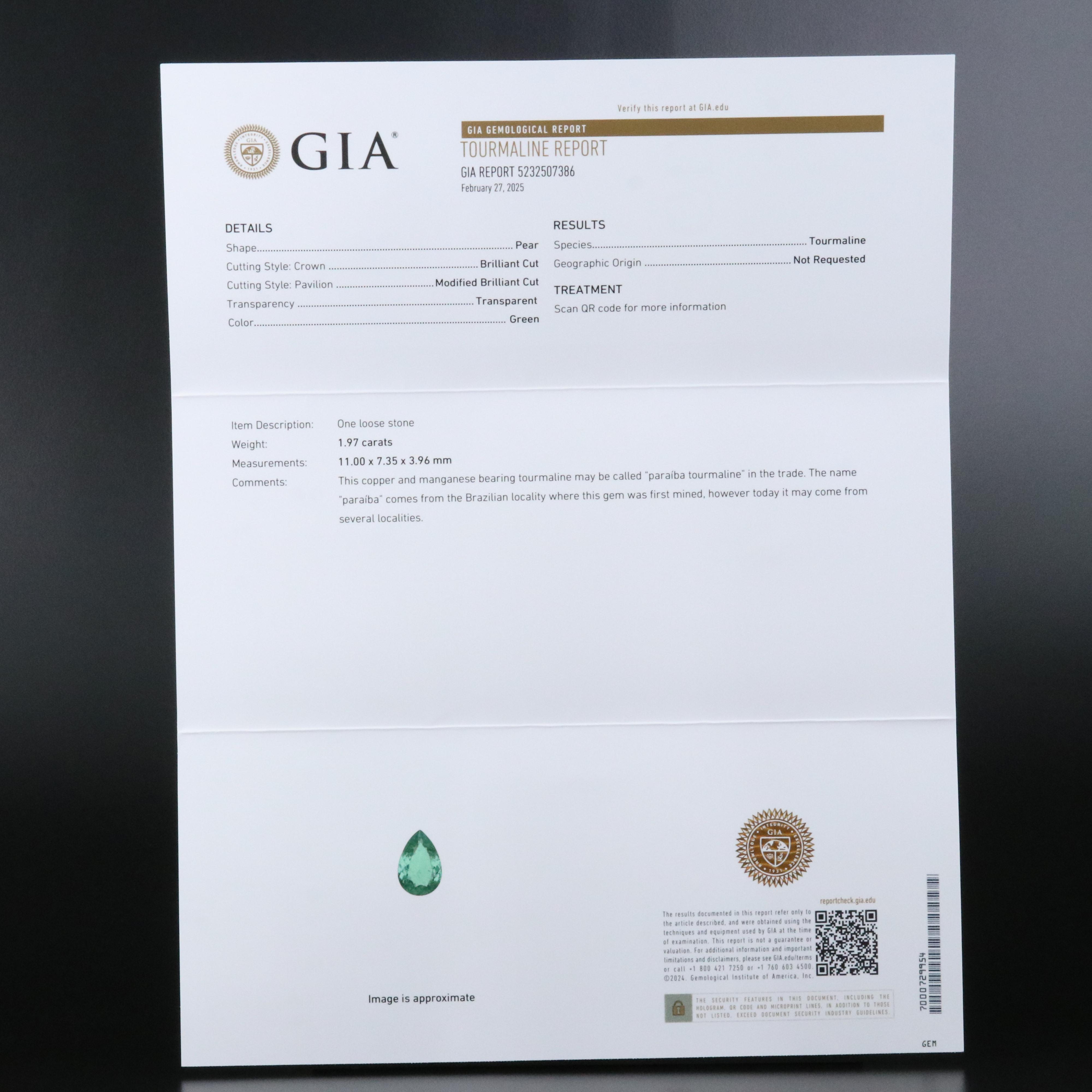 14K 1.97 CT Paraiba Tourmaline and Diamond Ring with GIA Report