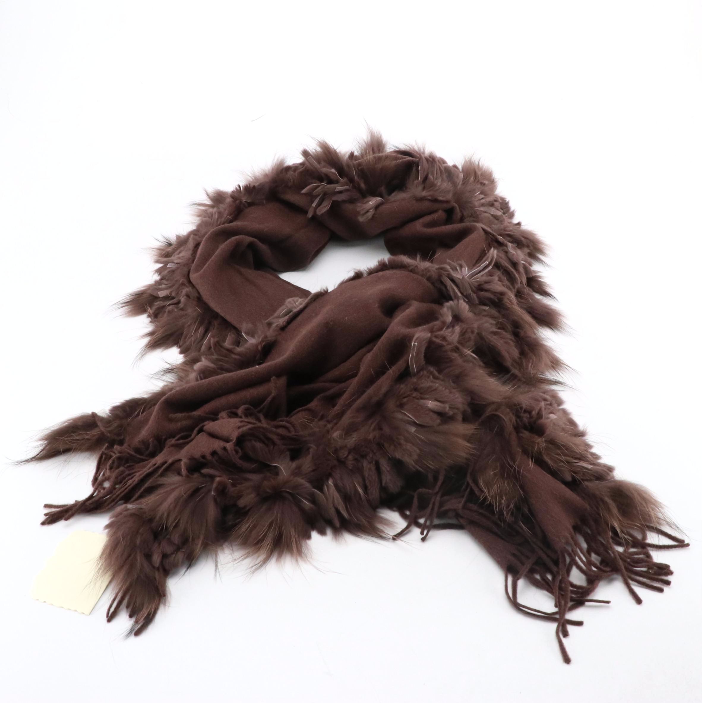 Cochni Brown Wool, Cashmere and Rabbit Fur Fringe Scarf Shawl