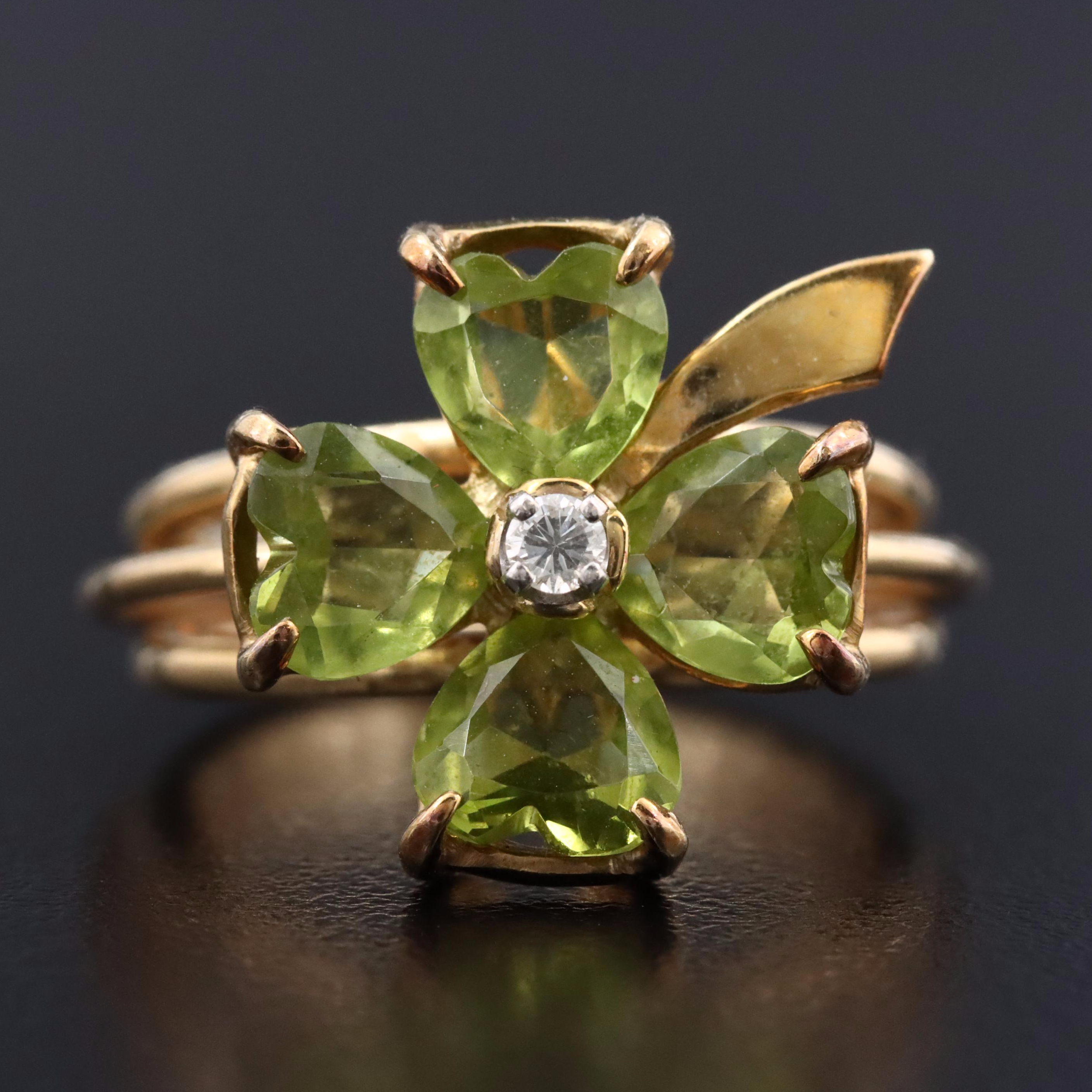 14K Peridot and Diamond Four Leaf Clover Ring