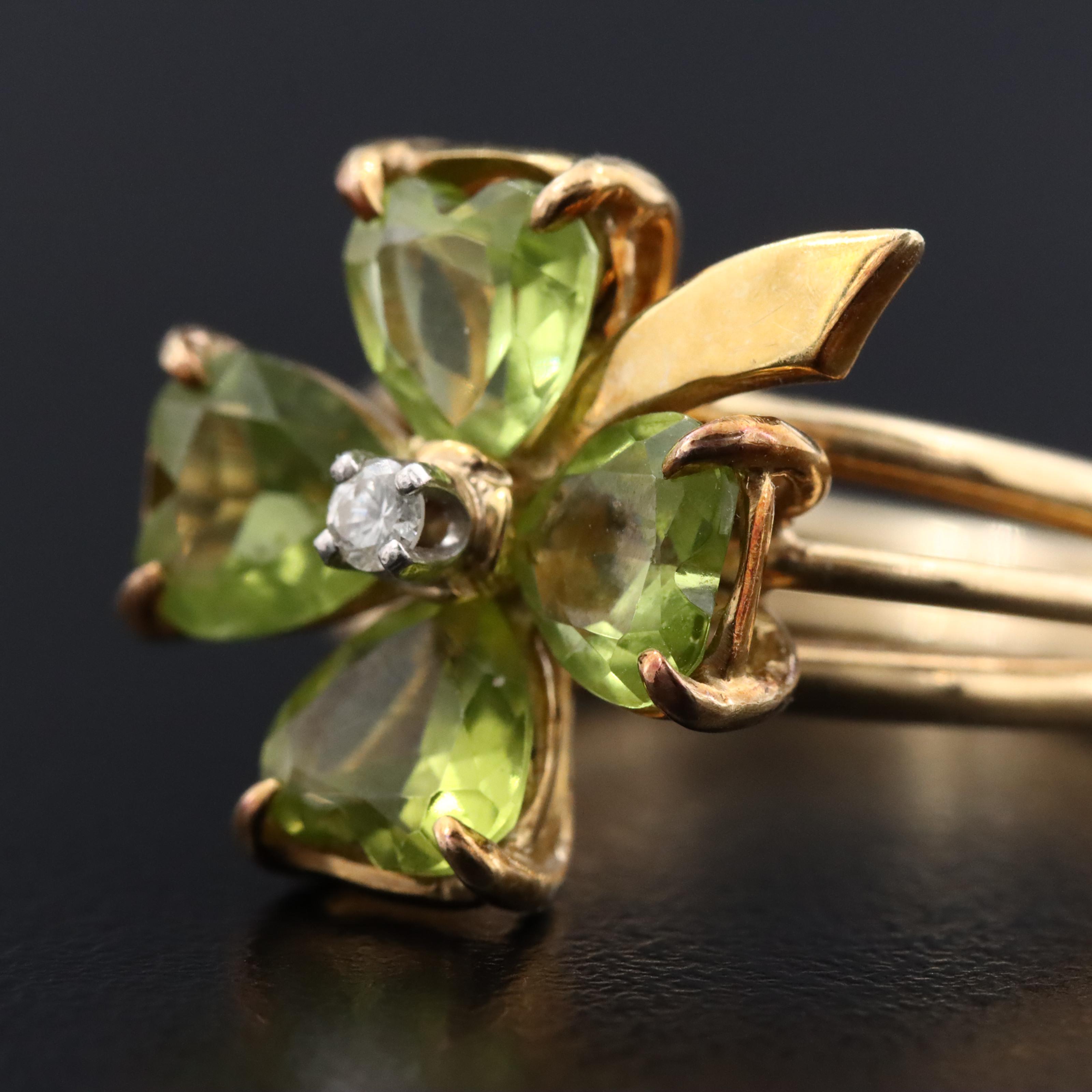 14K Peridot and Diamond Four Leaf Clover Ring