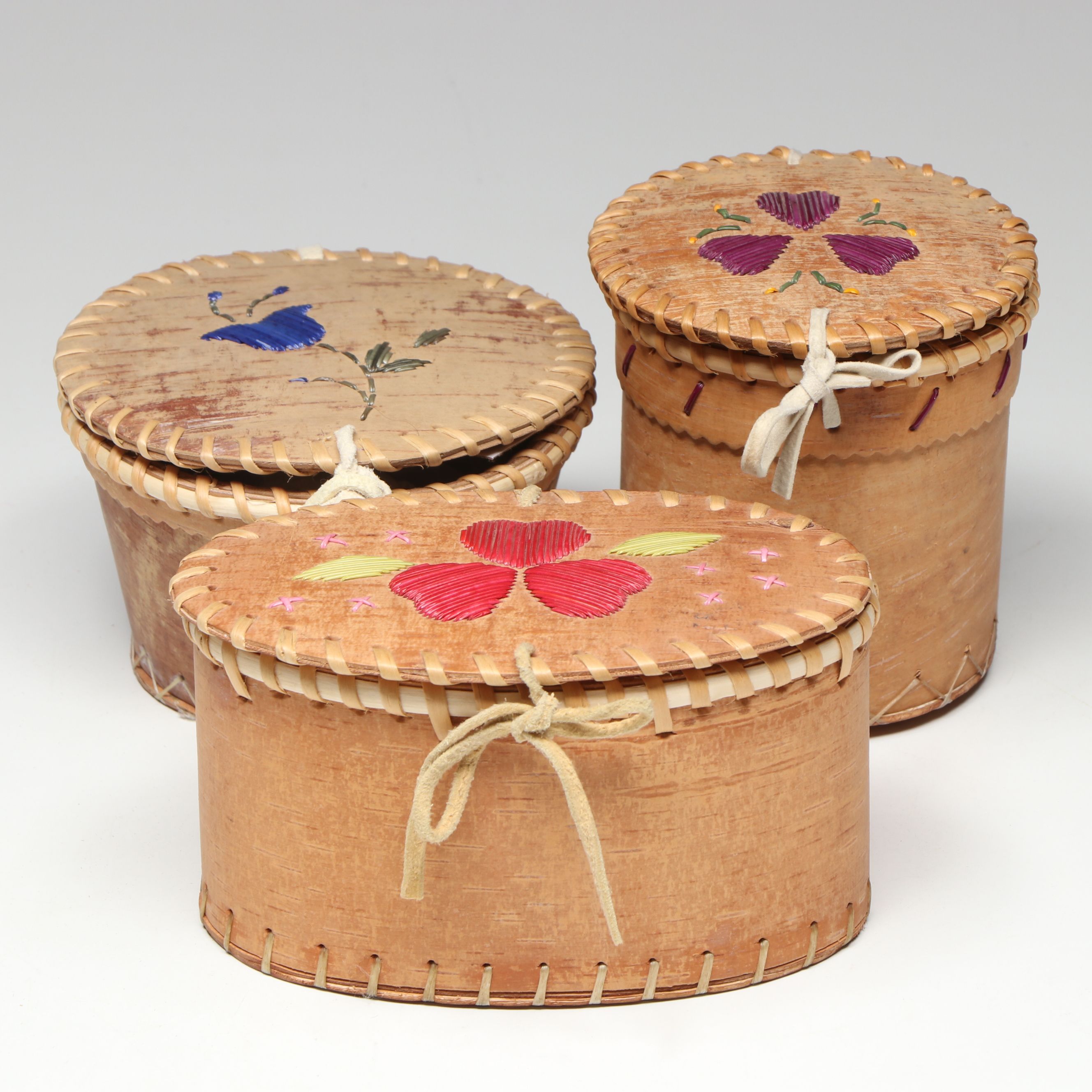 Yvonne and Laura Nande with Other Canadian Dene Birch Bark and Quillwork Boxes