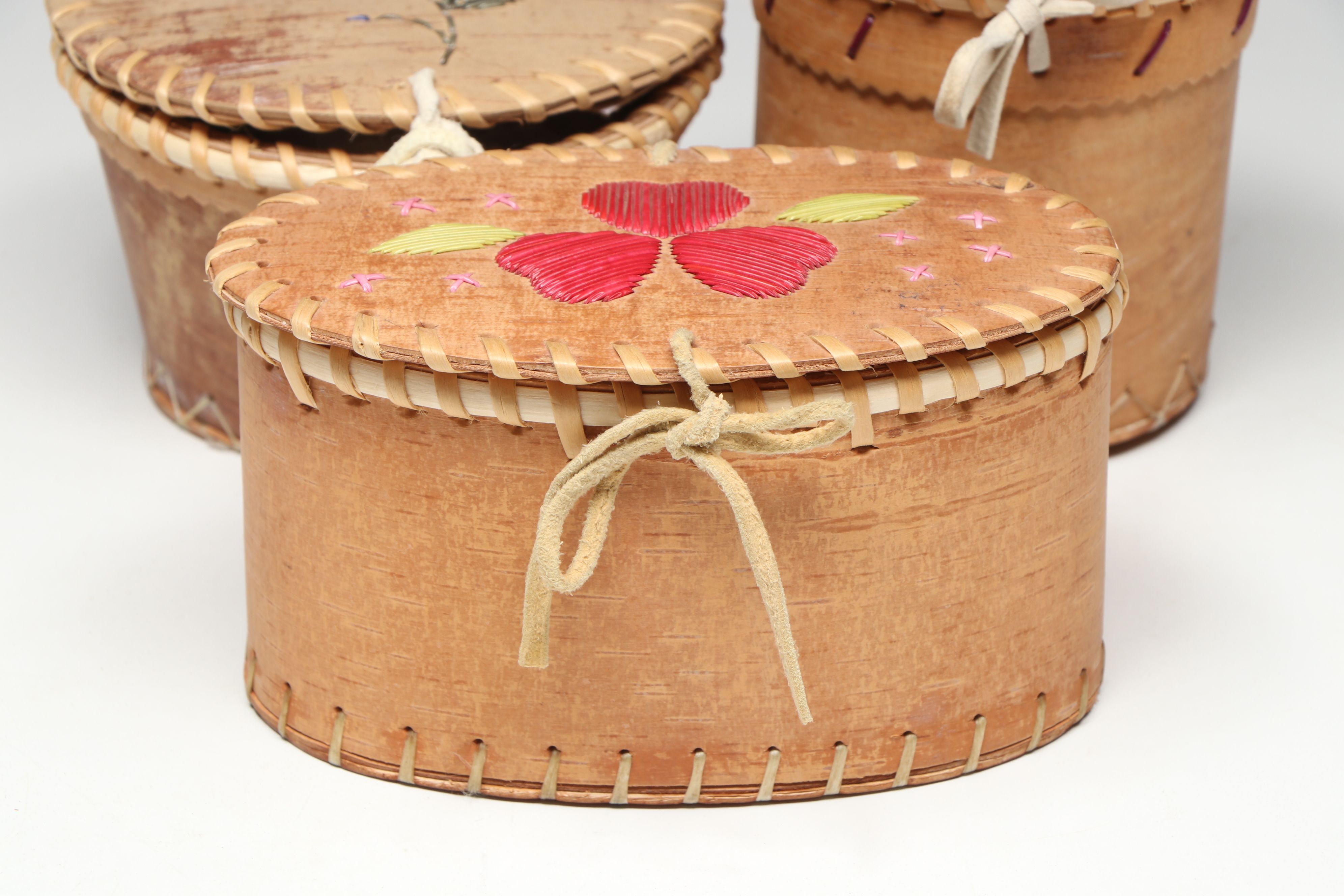 Yvonne and Laura Nande with Other Canadian Dene Birch Bark and Quillwork Boxes