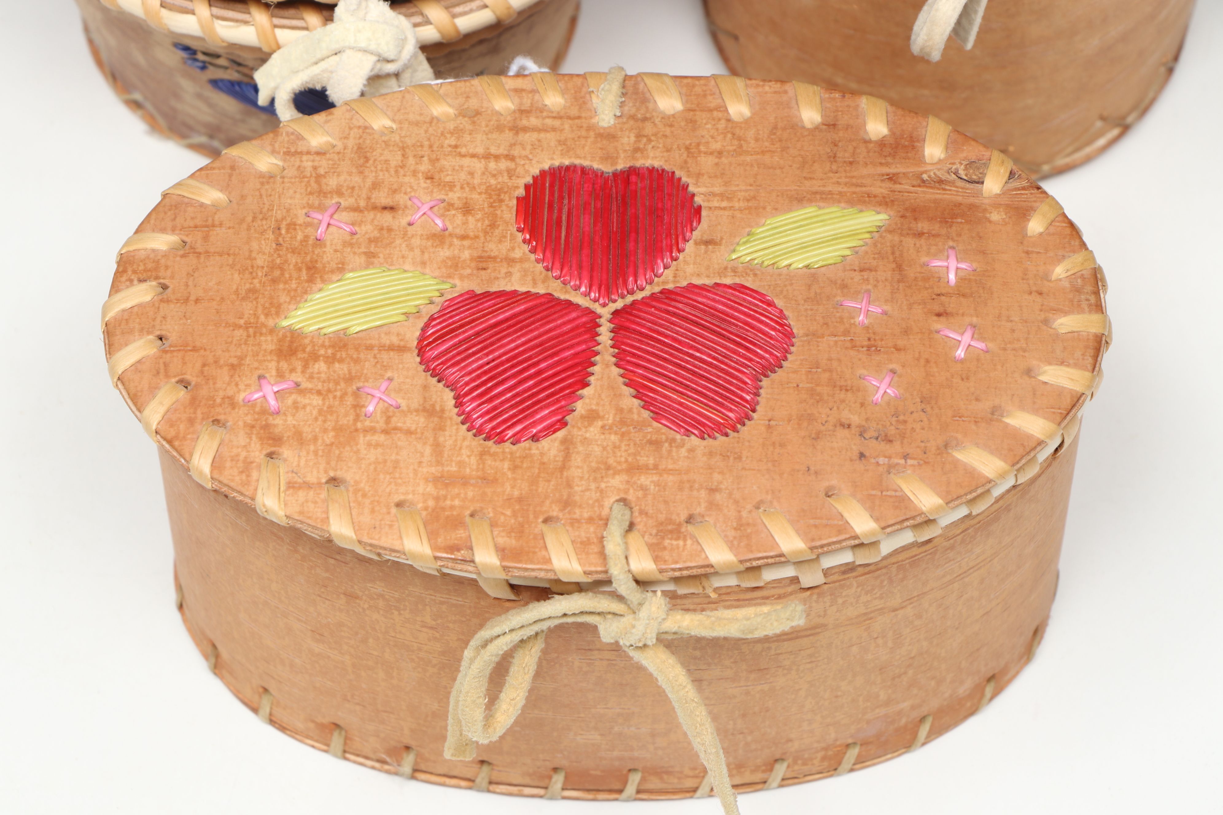 Yvonne and Laura Nande with Other Canadian Dene Birch Bark and Quillwork Boxes