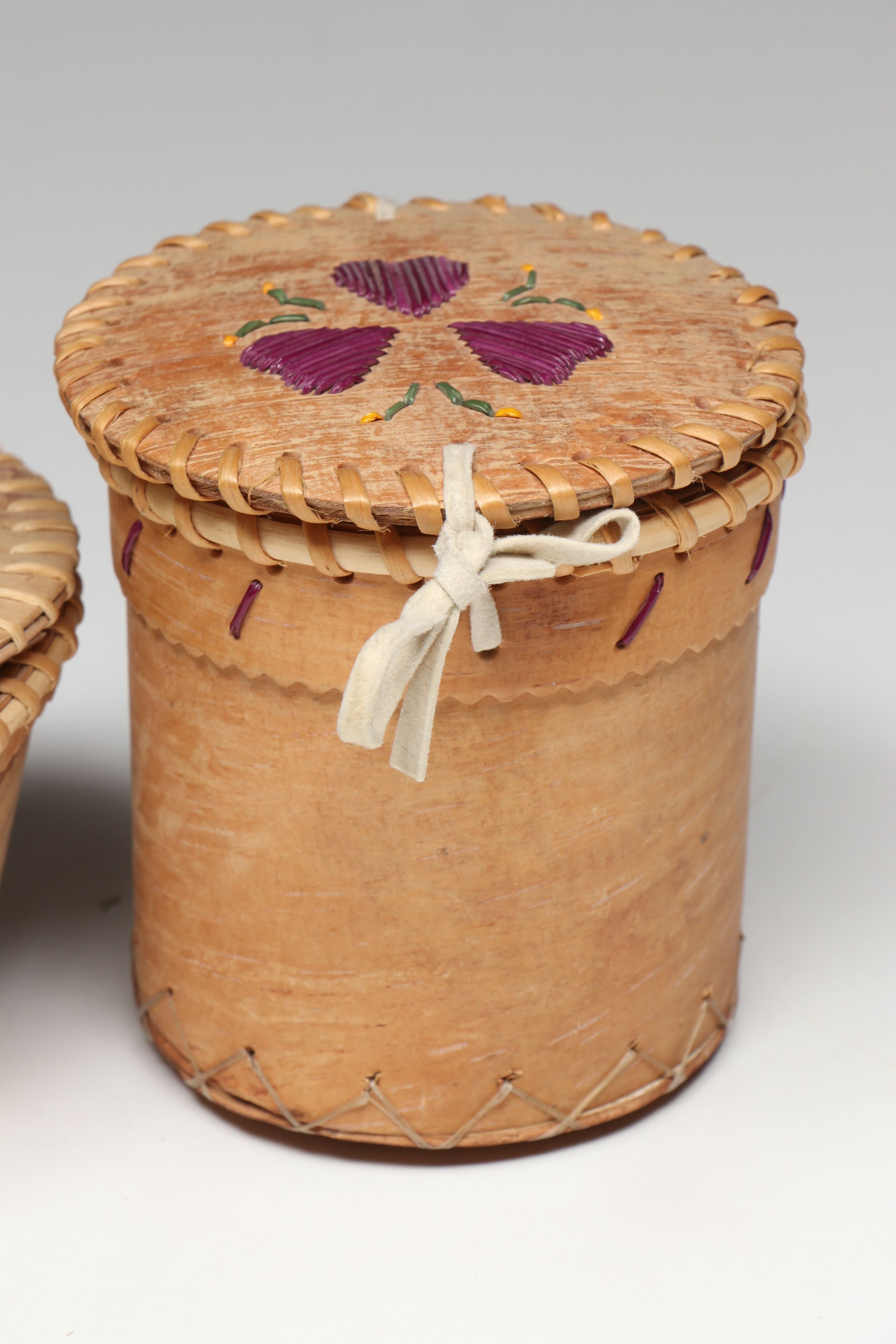 Yvonne and Laura Nande with Other Canadian Dene Birch Bark and Quillwork Boxes