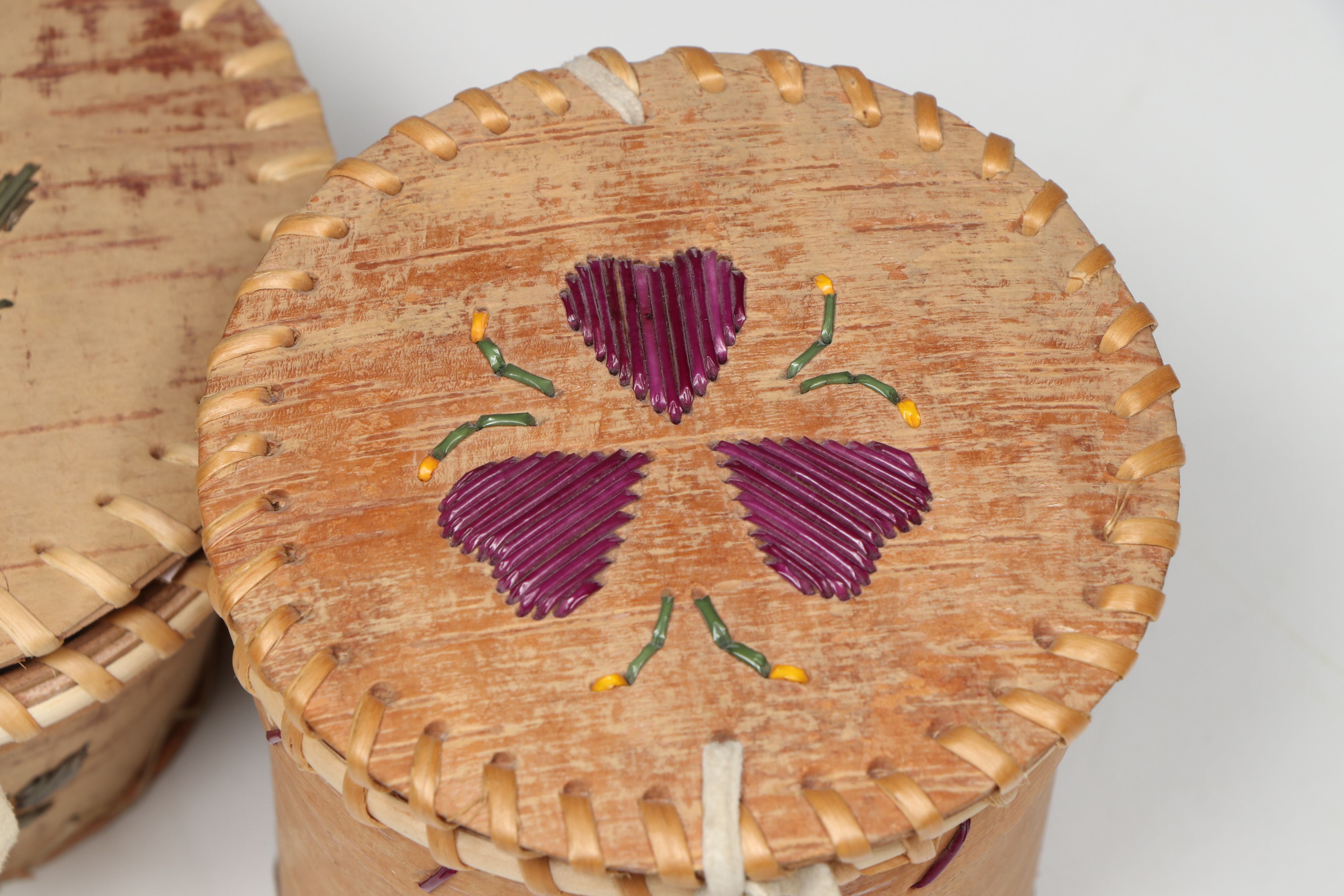 Yvonne and Laura Nande with Other Canadian Dene Birch Bark and Quillwork Boxes