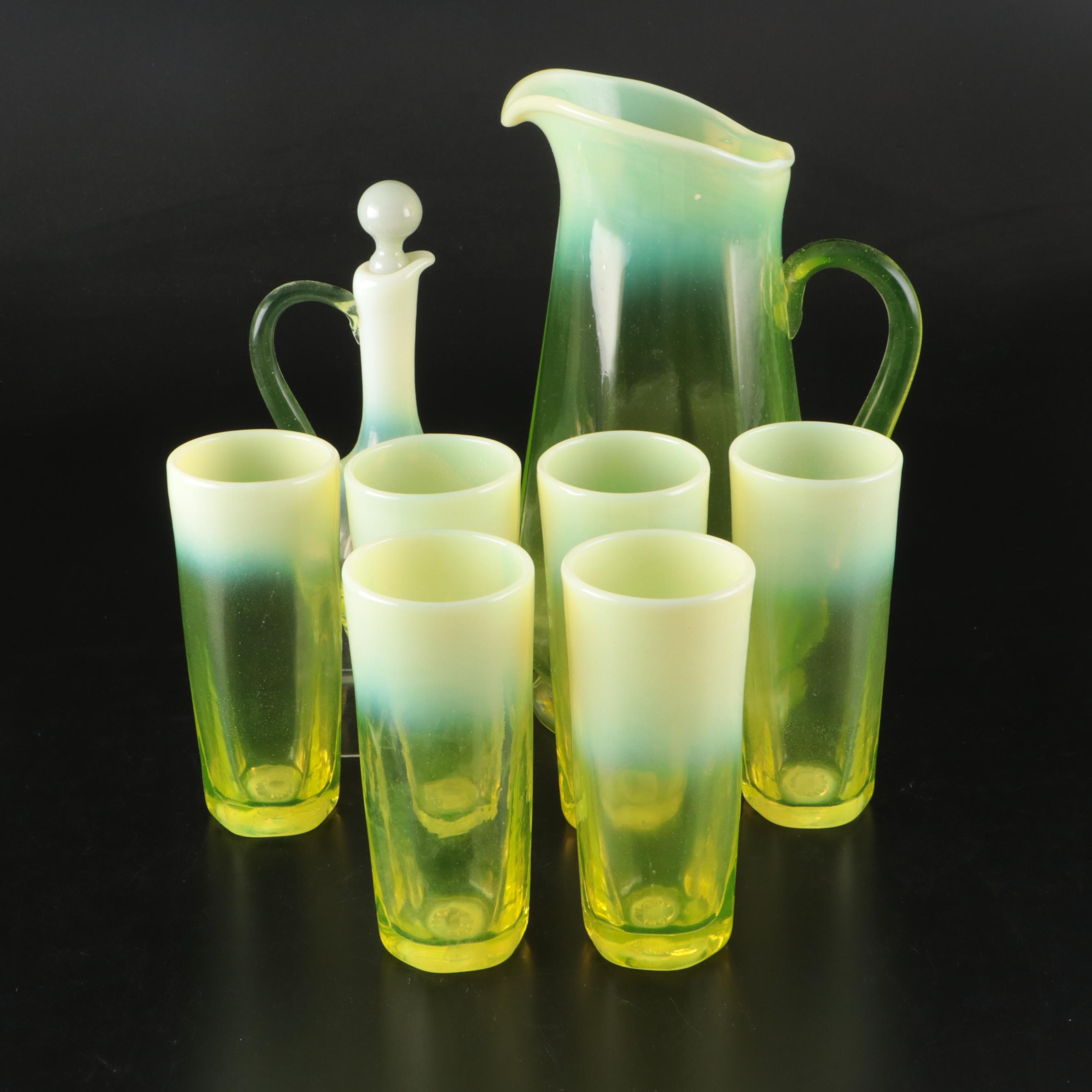 Gibson Vaseline Glass Pitcher and Tumbler Set with Cruet, 20th Century