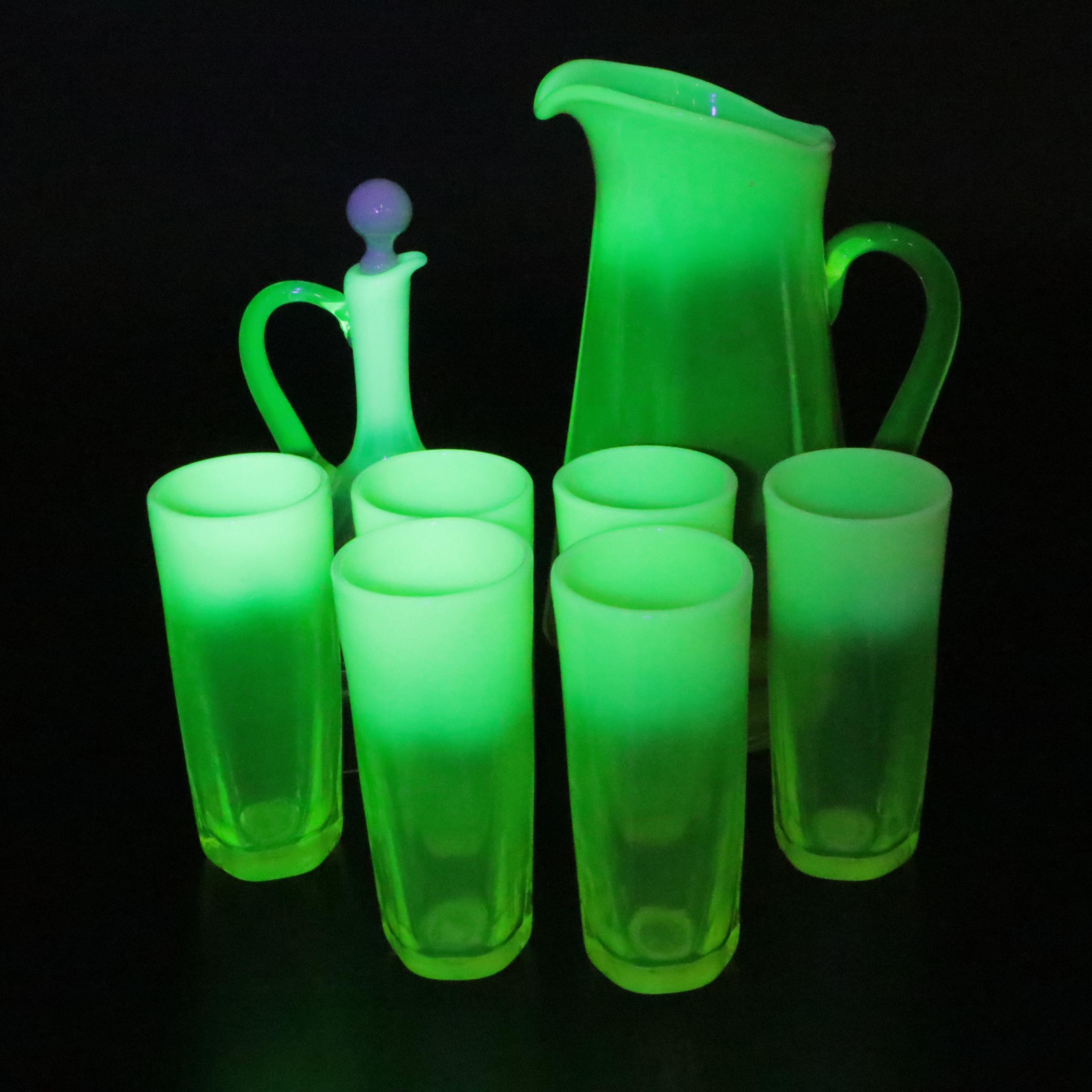 Gibson Vaseline Glass Pitcher and Tumbler Set with Cruet, 20th Century