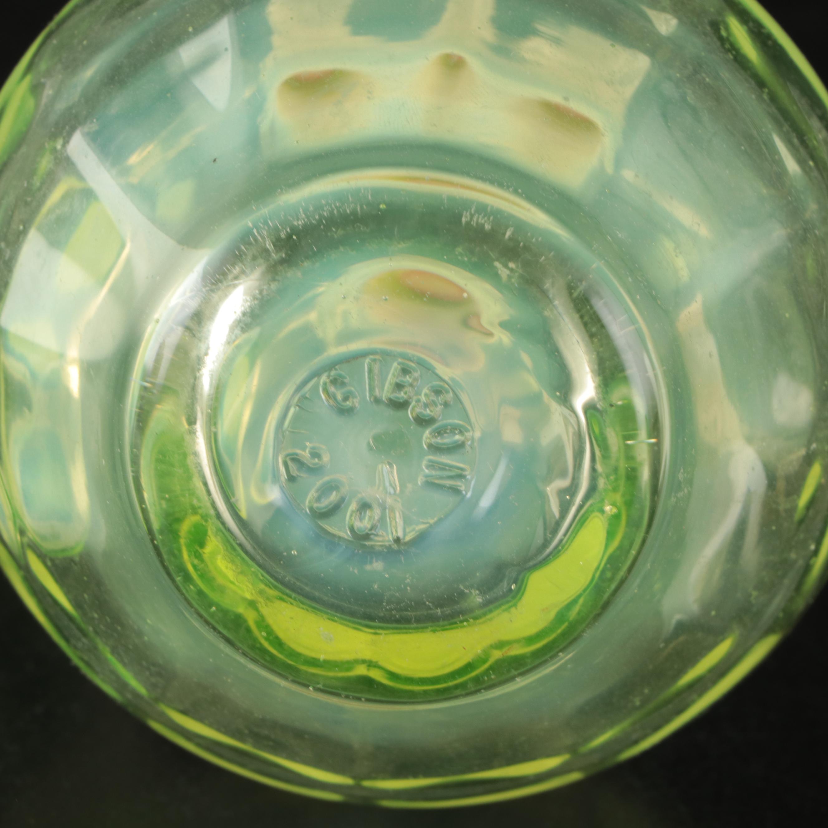 Gibson Vaseline Glass Pitcher and Tumbler Set with Cruet, 20th Century