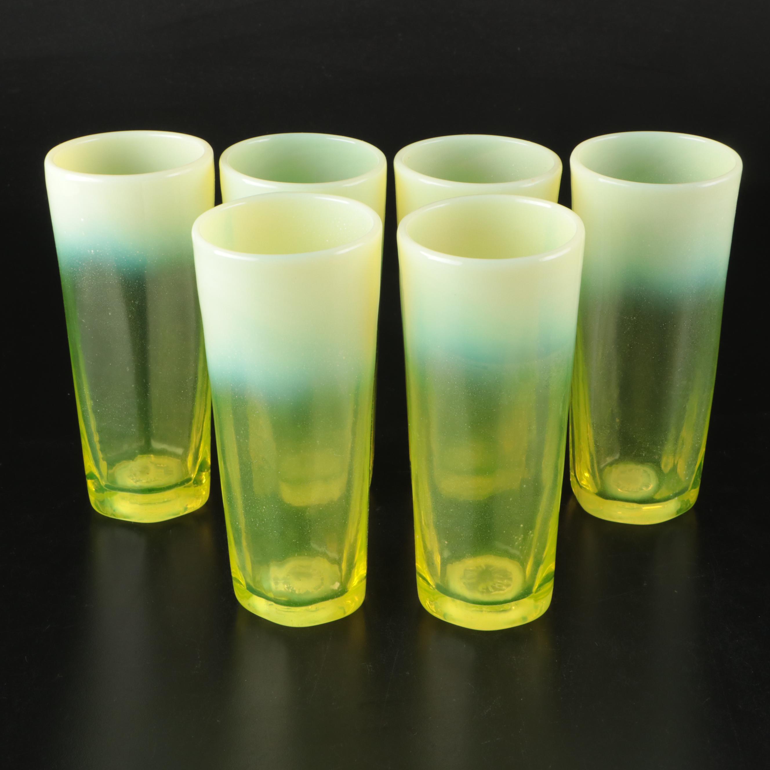 Gibson Vaseline Glass Pitcher and Tumbler Set with Cruet, 20th Century