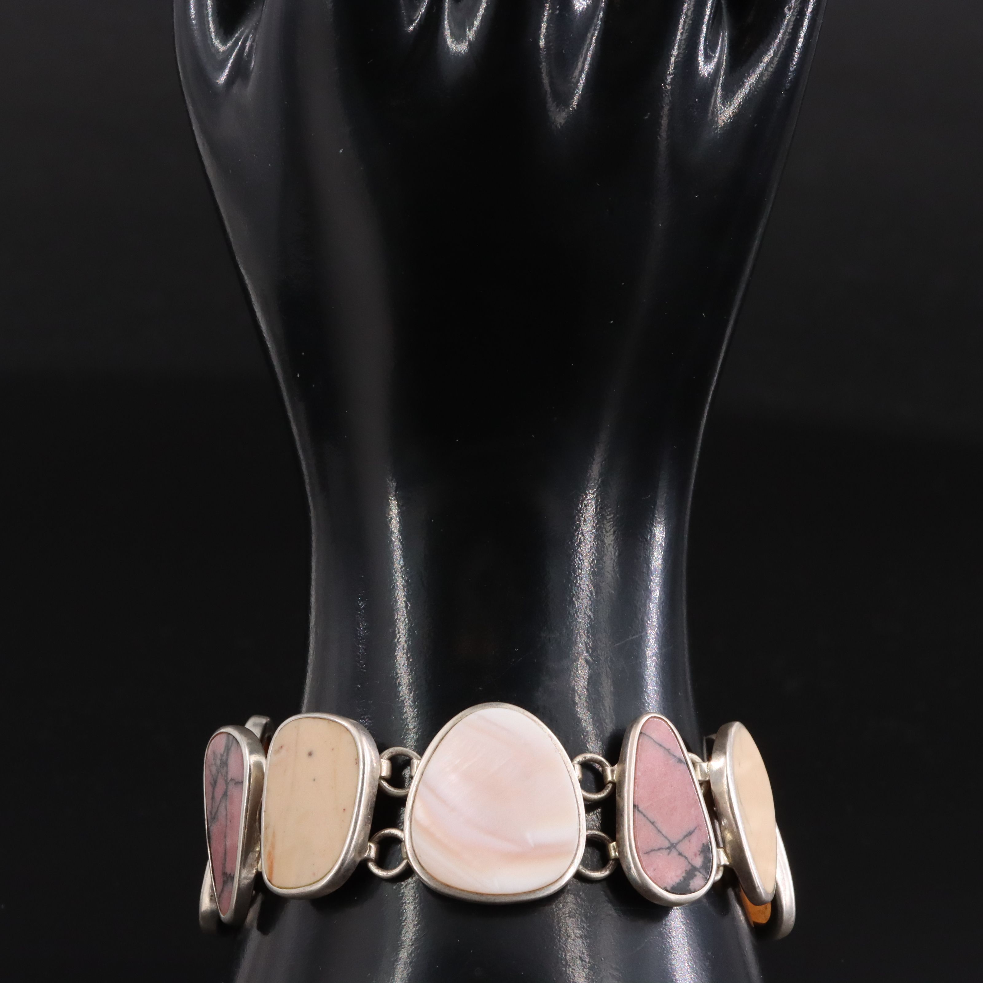 Sterling Rhodonite, Shell and Bone Bracelet