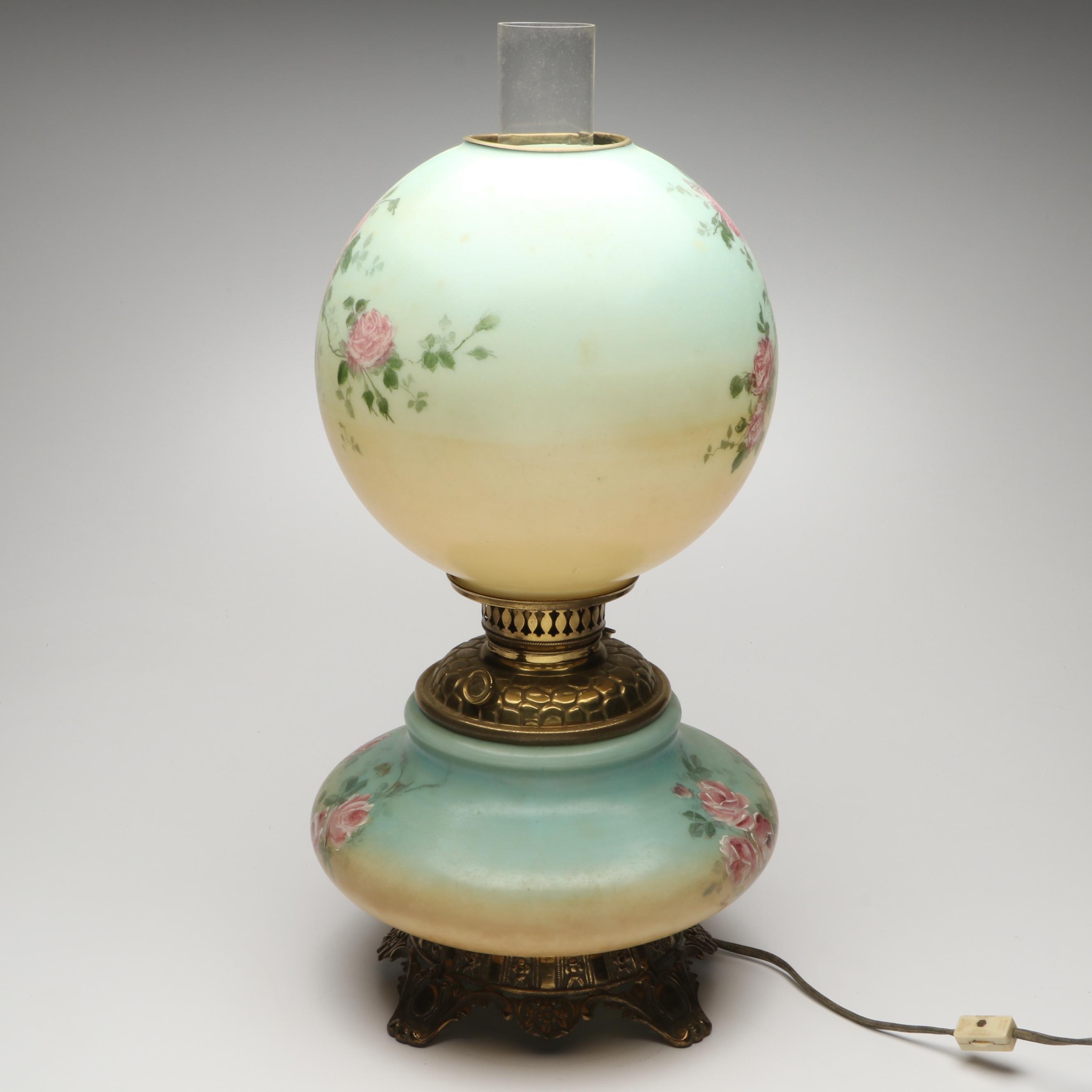 Victorian Style Hand-Painted Floral Parlor Lamp, 20th Century