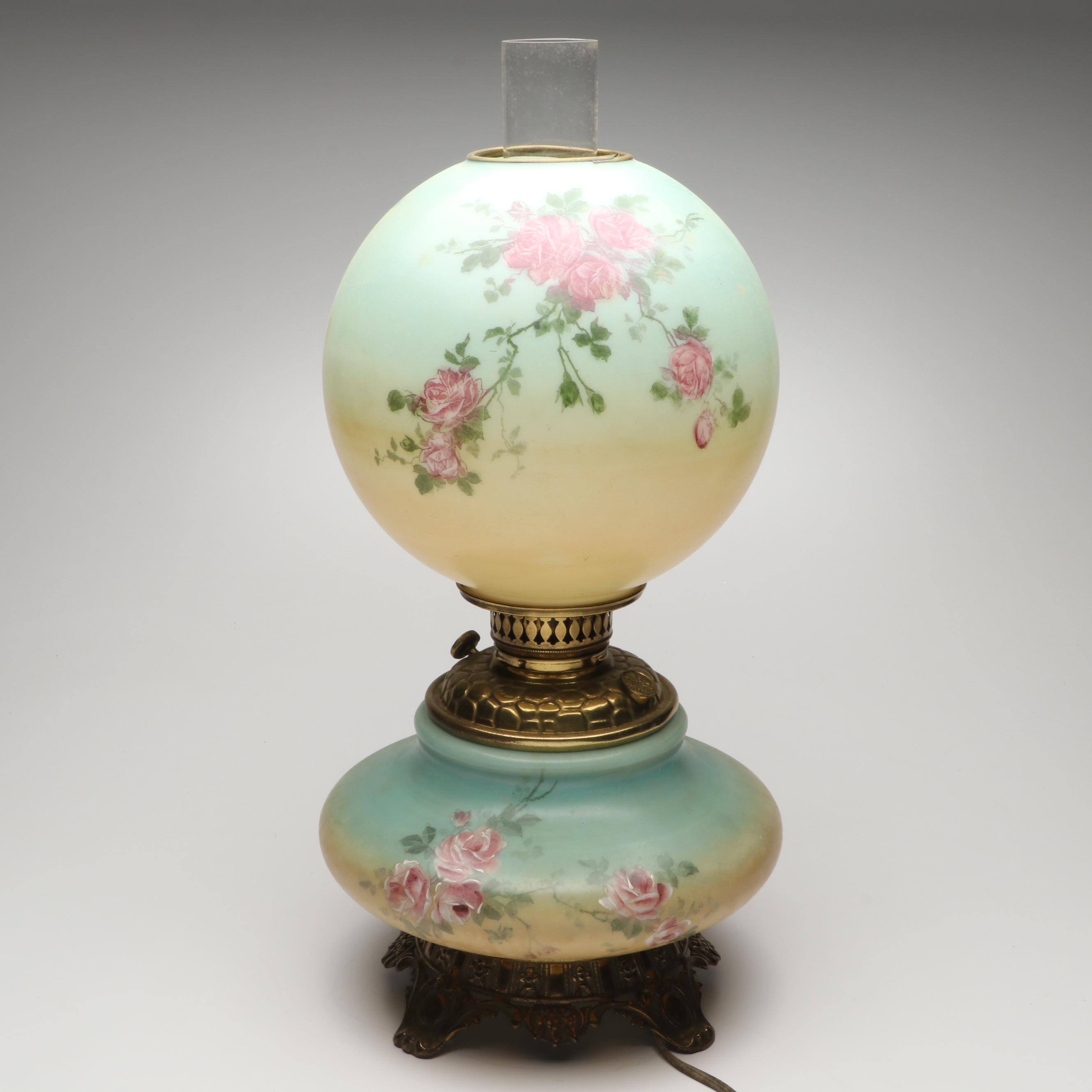 Victorian Style Hand-Painted Floral Parlor Lamp, 20th Century