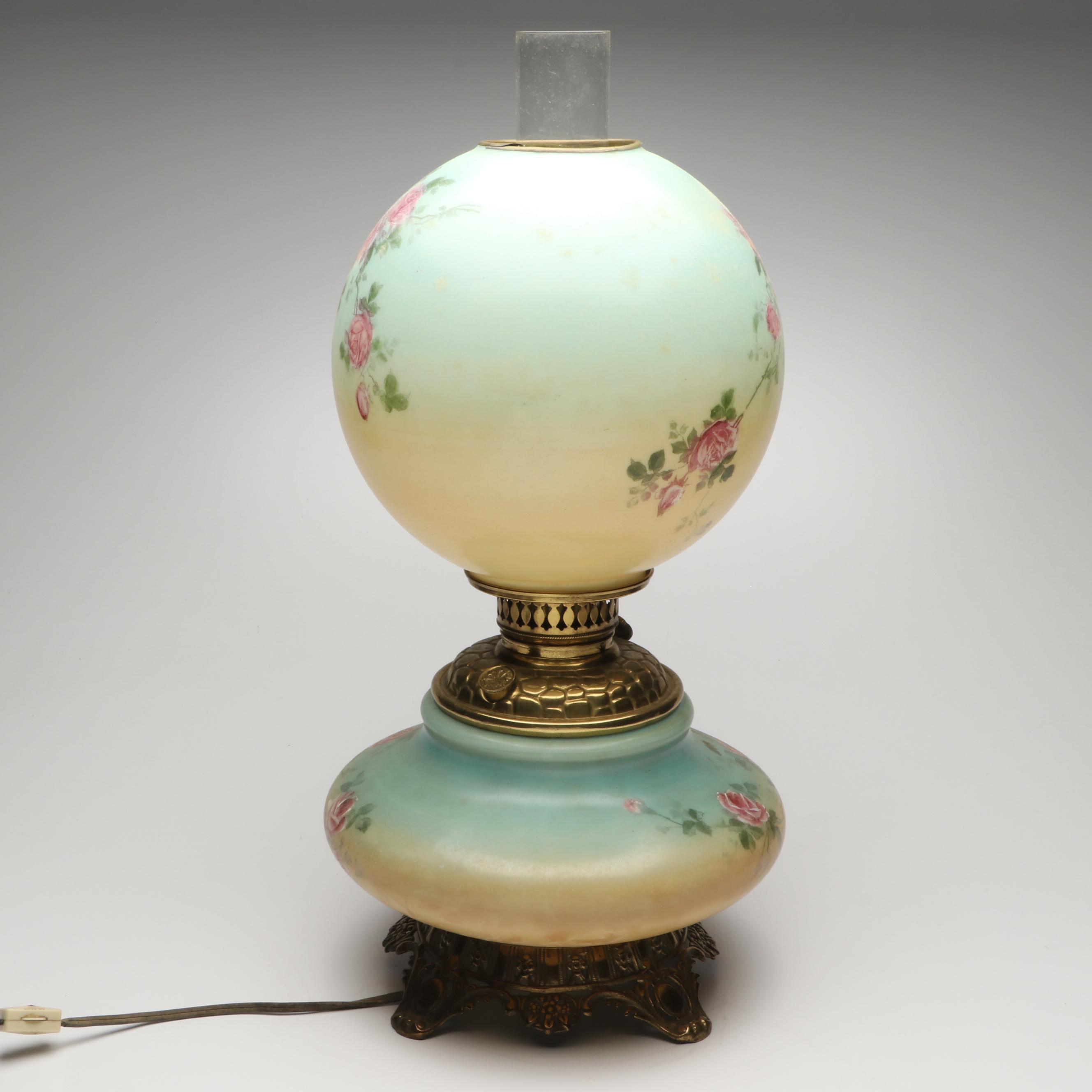 Victorian Style Hand-Painted Floral Parlor Lamp, 20th Century