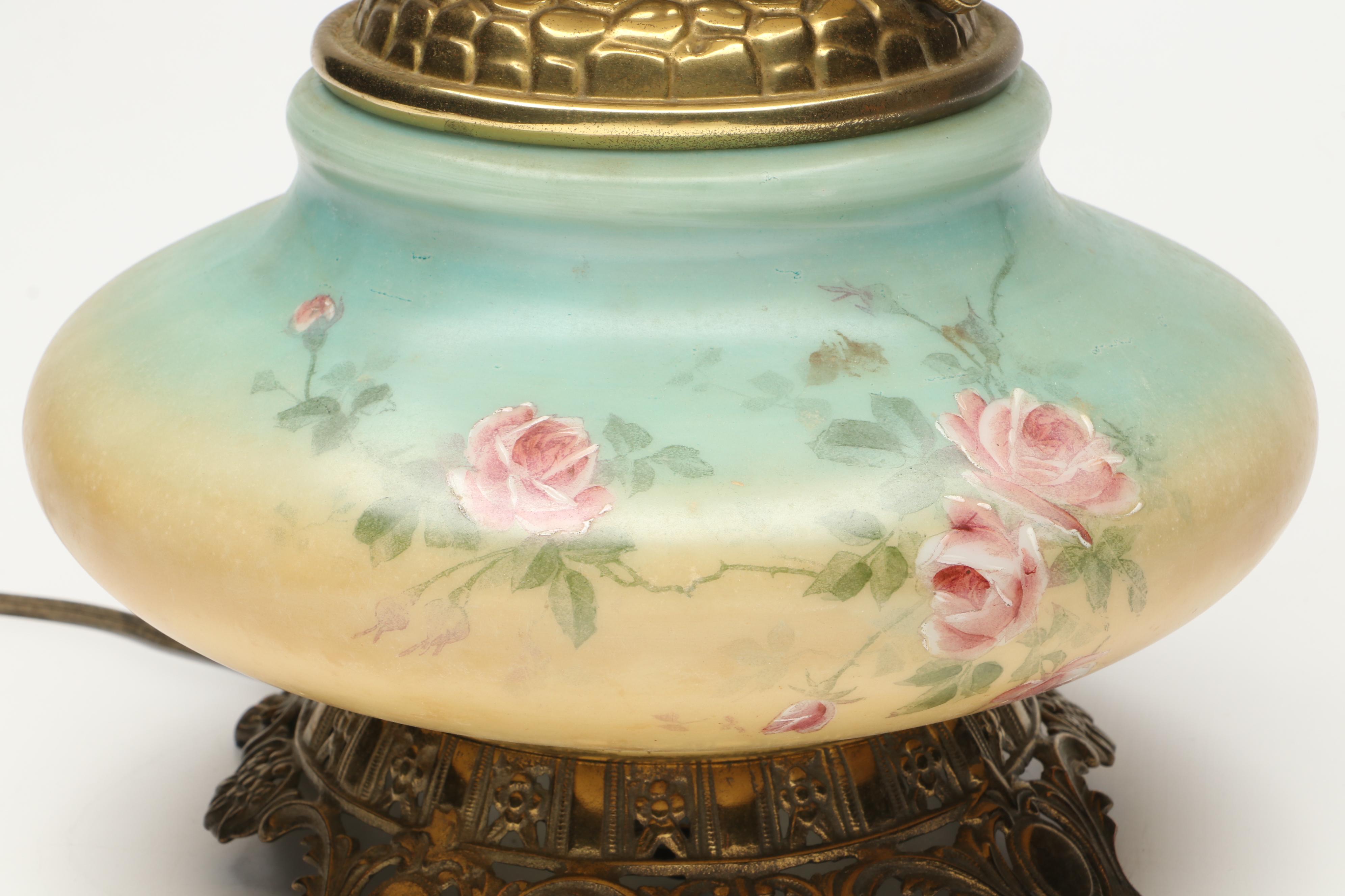 Victorian Style Hand-Painted Floral Parlor Lamp, 20th Century