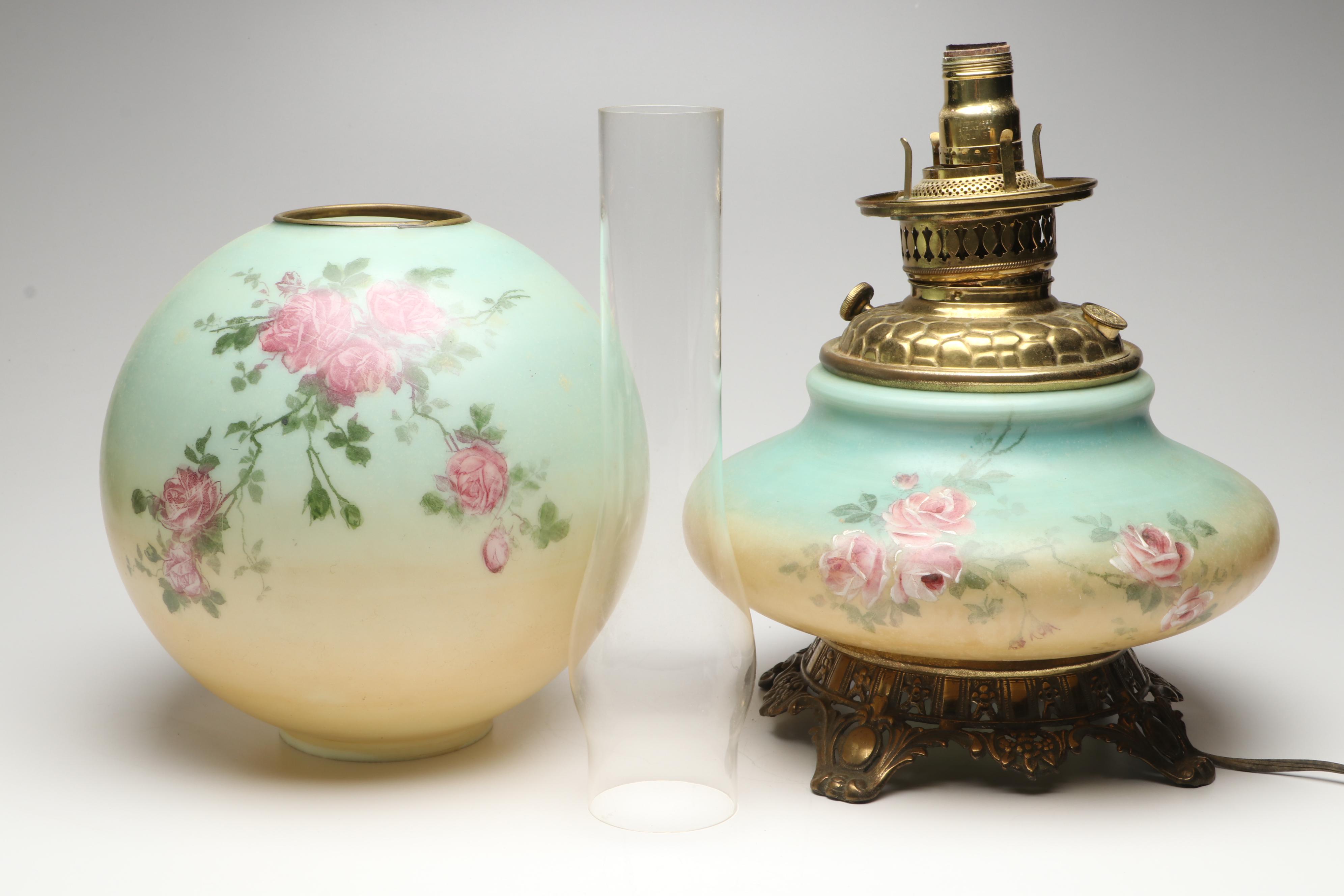 Victorian Style Hand-Painted Floral Parlor Lamp, 20th Century