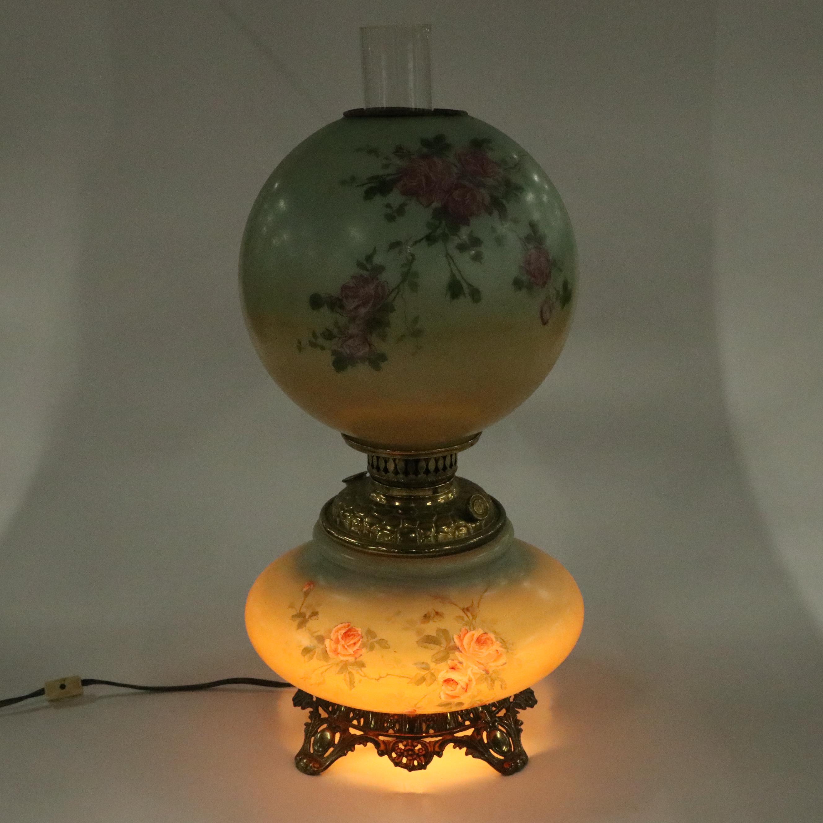Victorian Style Hand-Painted Floral Parlor Lamp, 20th Century