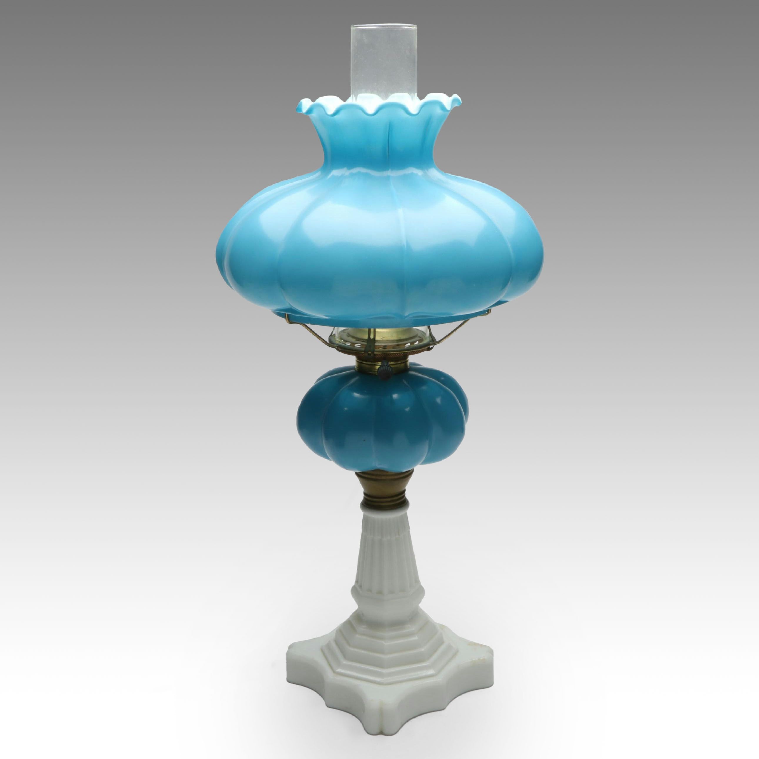 Fenton Victorian Style Blue Melon Lamp, Vintage
