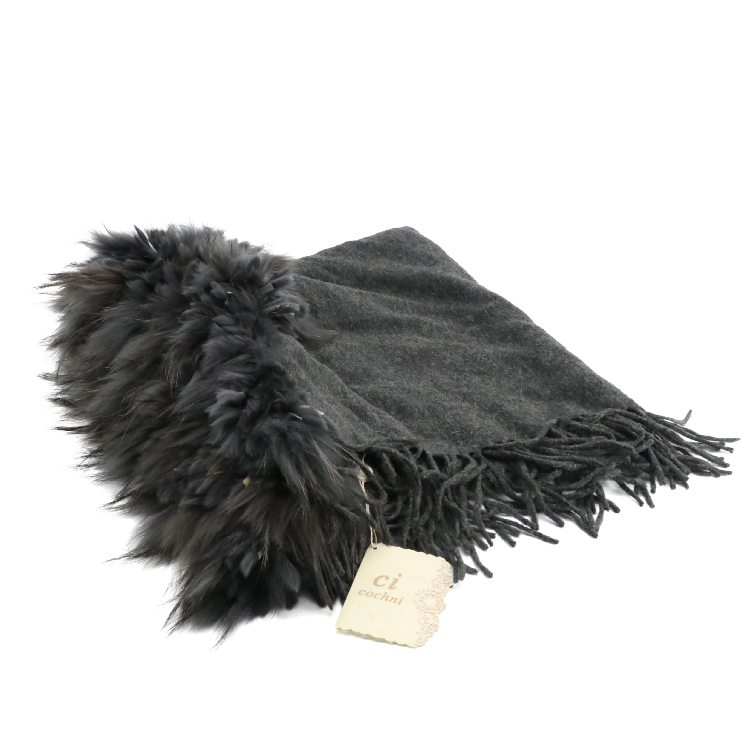 Cochni Dark Gray Rabbit Fur, Wool and Cashmere Fringe Scarf Shawl