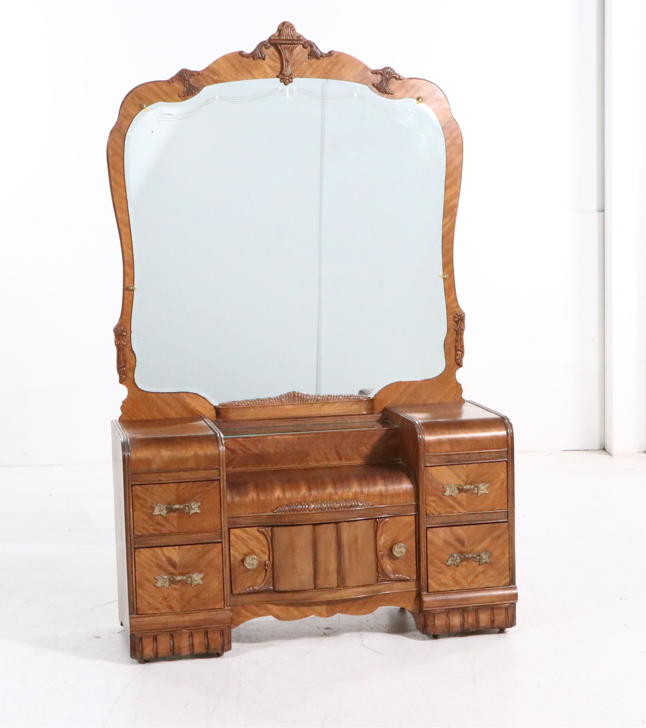 Art Deco Waterfall Front Walnut Vanity with Chair