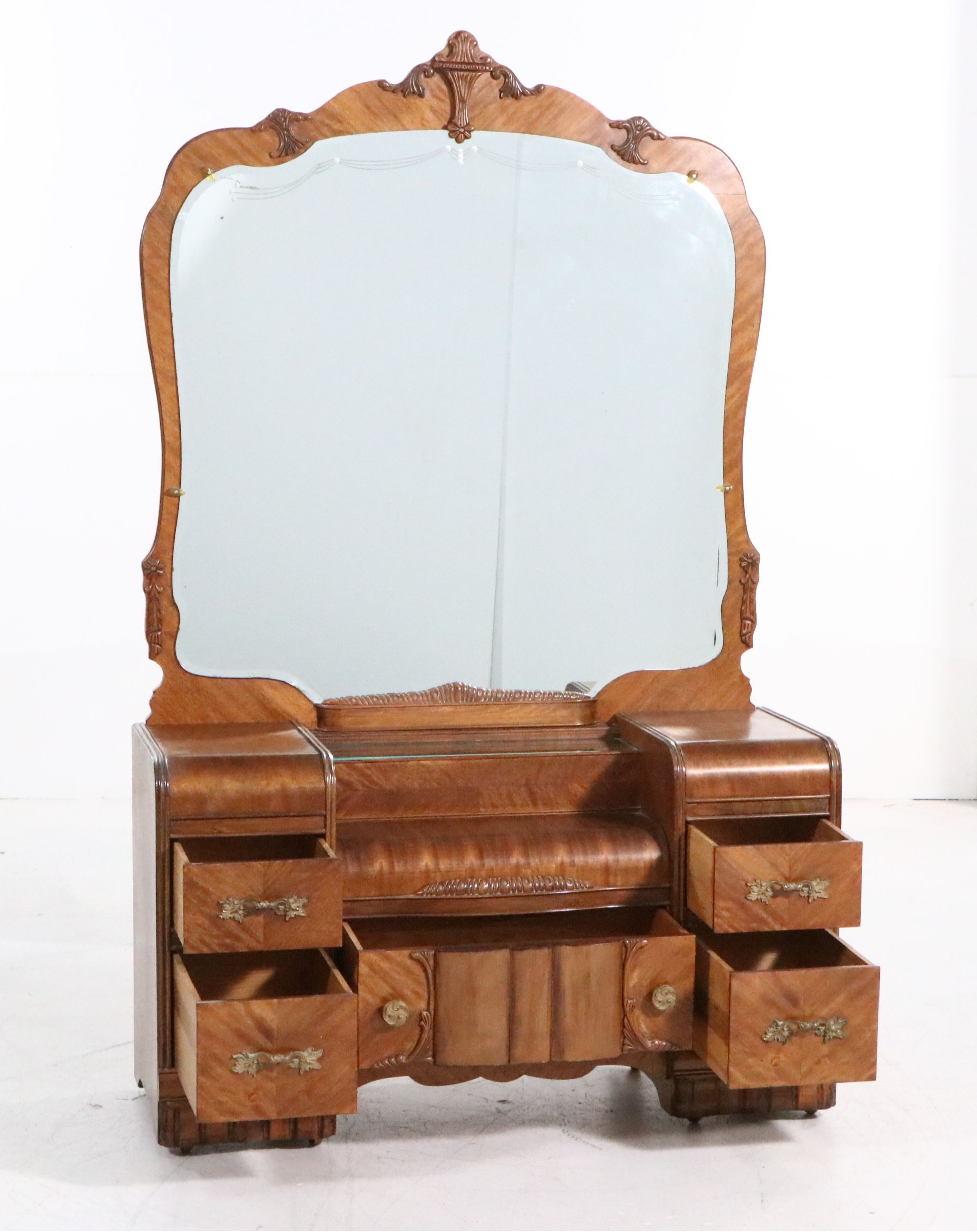 Art Deco Waterfall Front Walnut Vanity with Chair