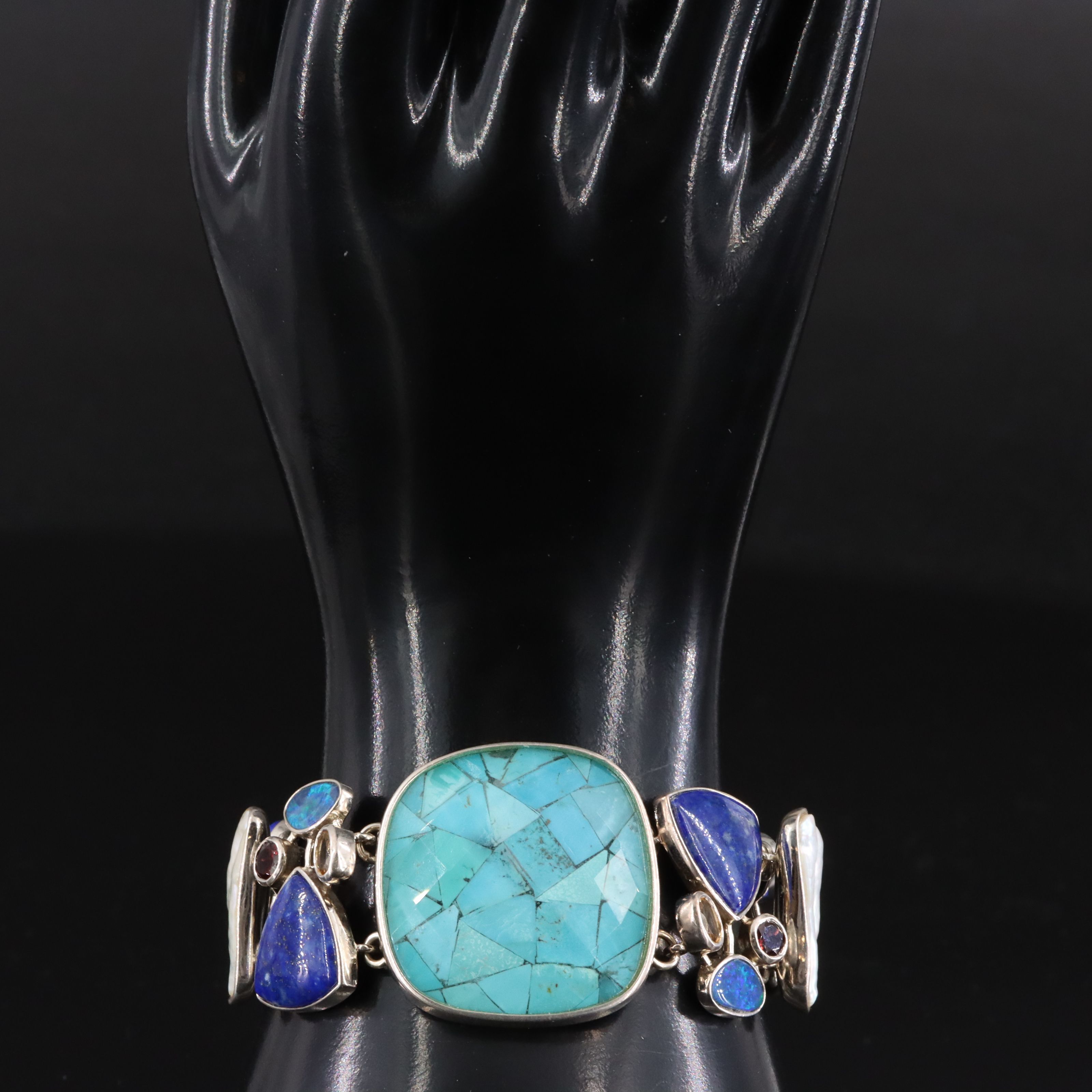 Sterling Quartz Turquoise Doublet, Lapis Lazuli and Opal Bracelet