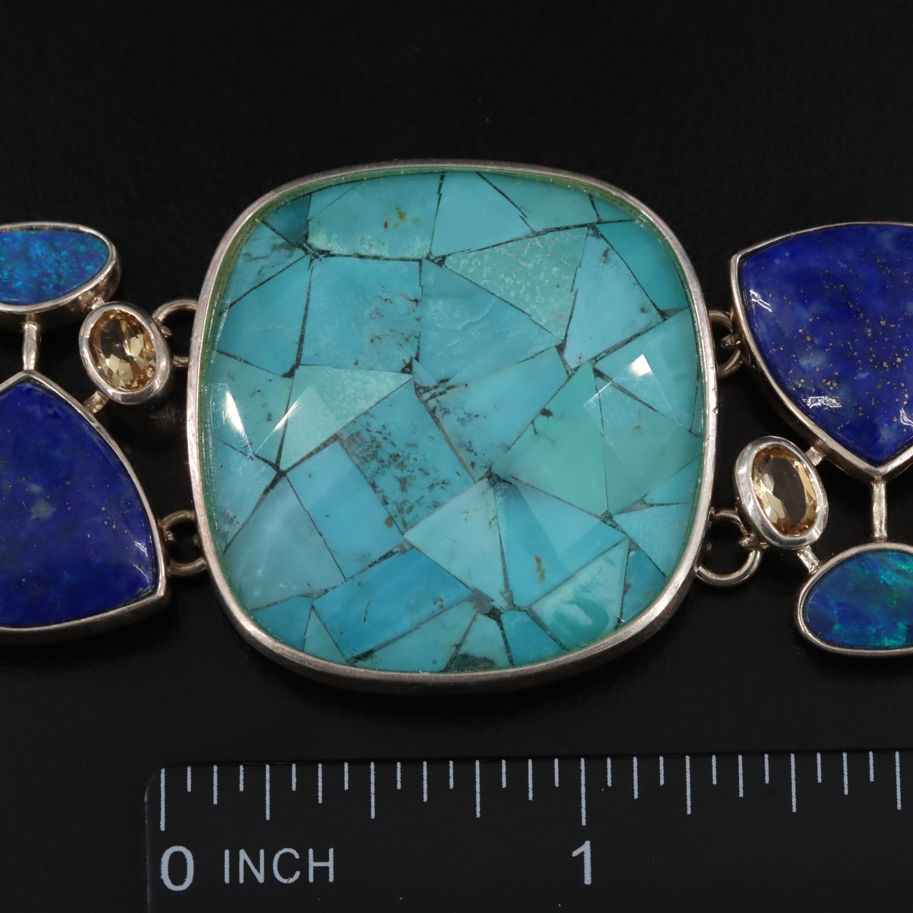 Sterling Quartz Turquoise Doublet, Lapis Lazuli and Opal Bracelet