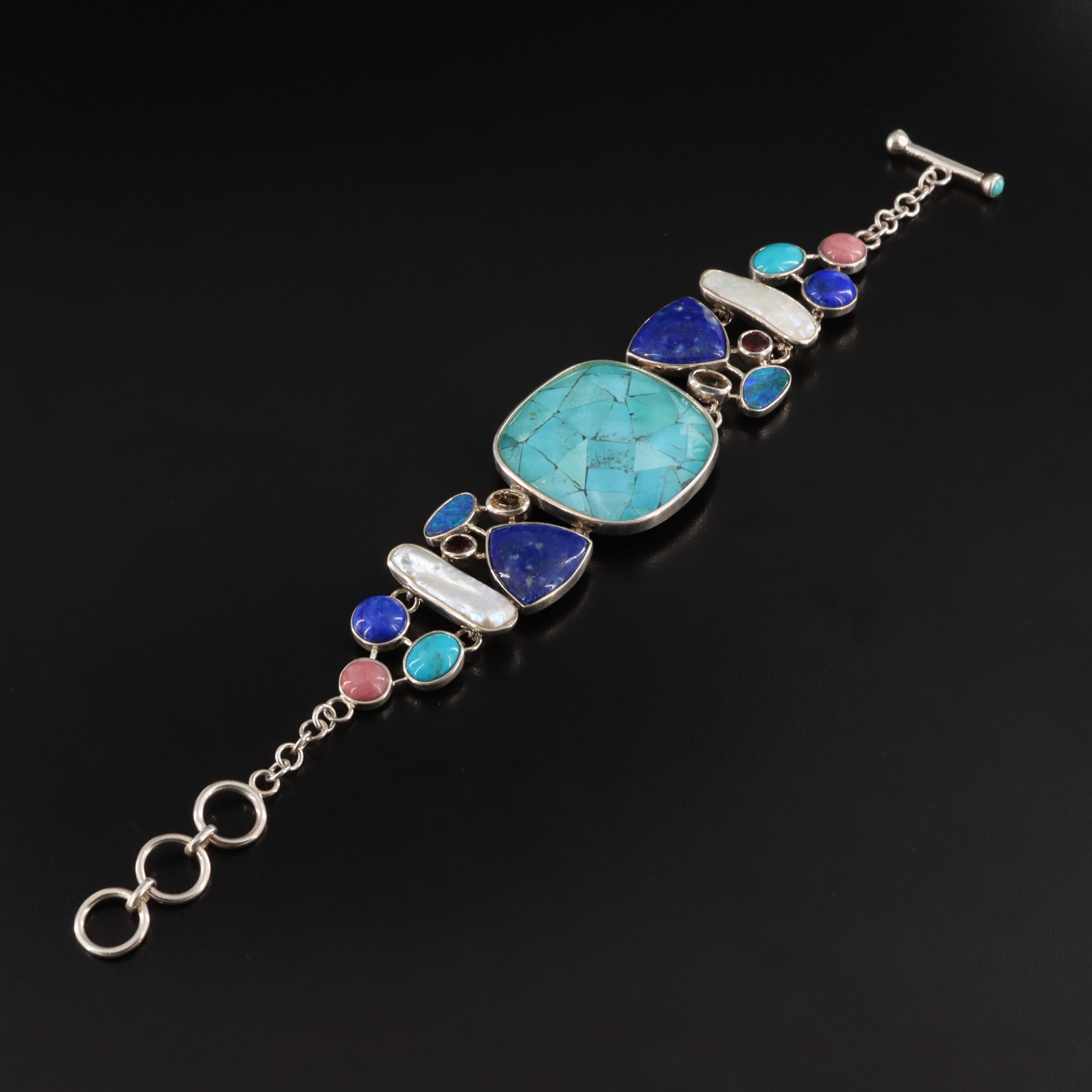 Sterling Quartz Turquoise Doublet, Lapis Lazuli and Opal Bracelet