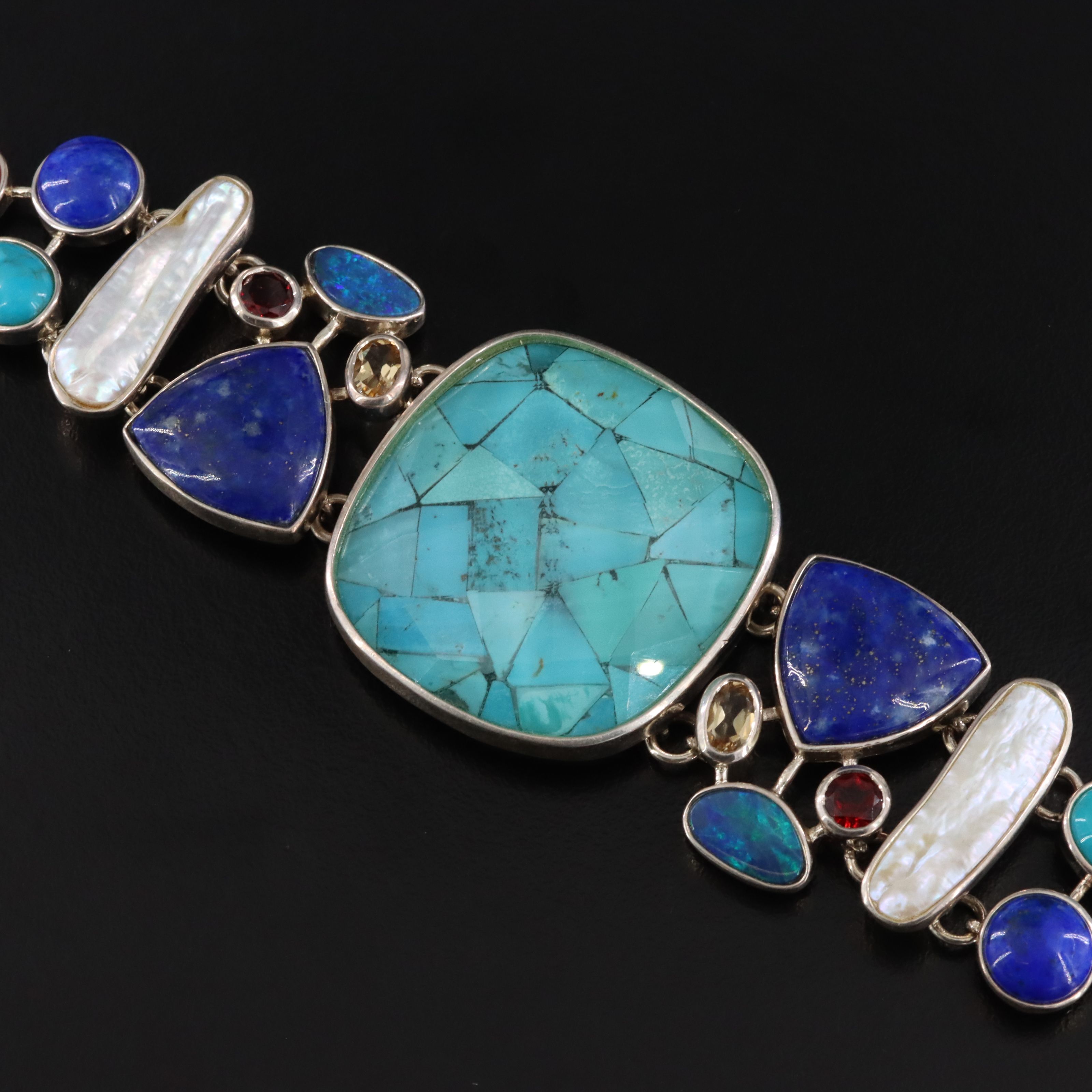 Sterling Quartz Turquoise Doublet, Lapis Lazuli and Opal Bracelet