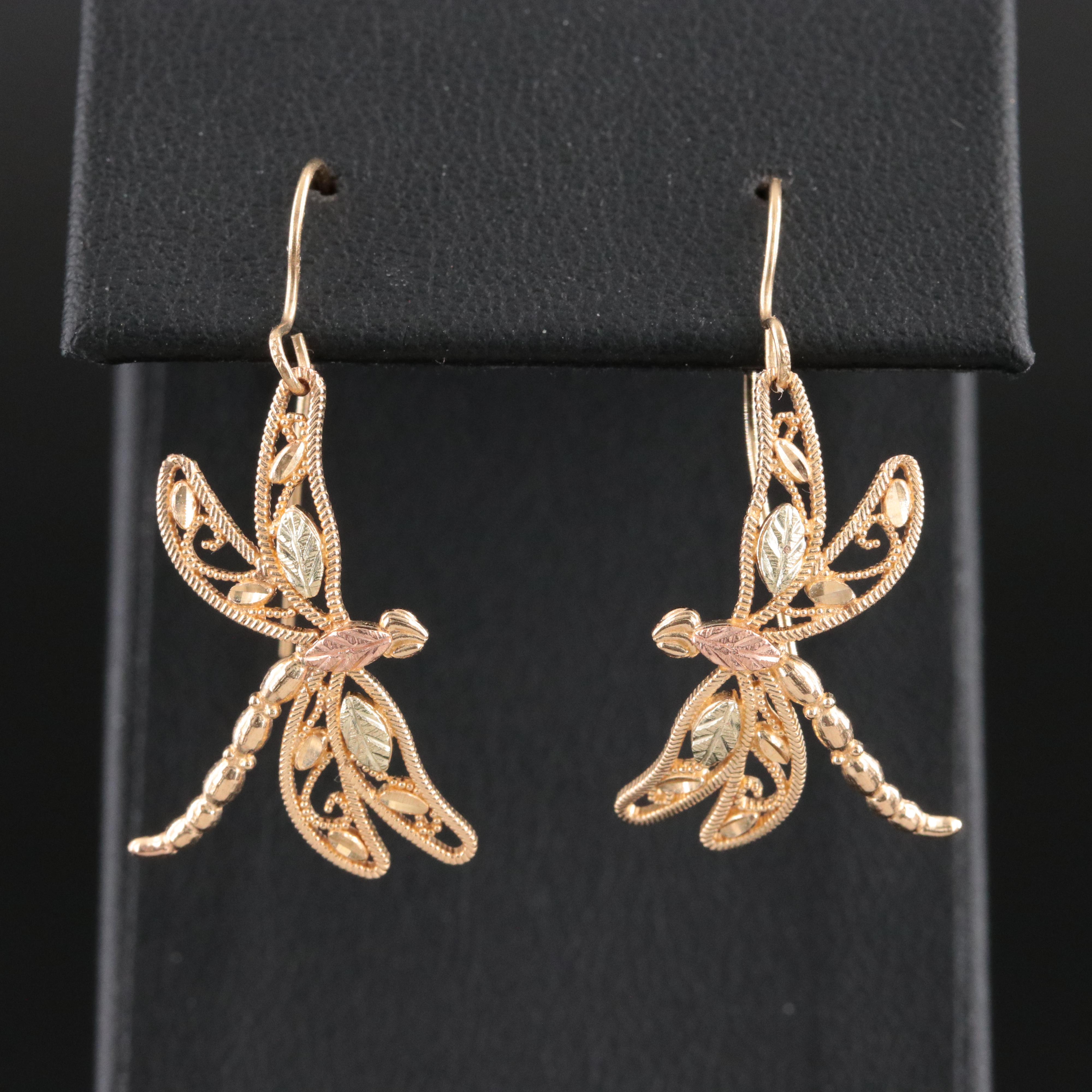 Coleman Black Hills Gold 10K Dragonfly Earrings with Rose and Green Gold Accents