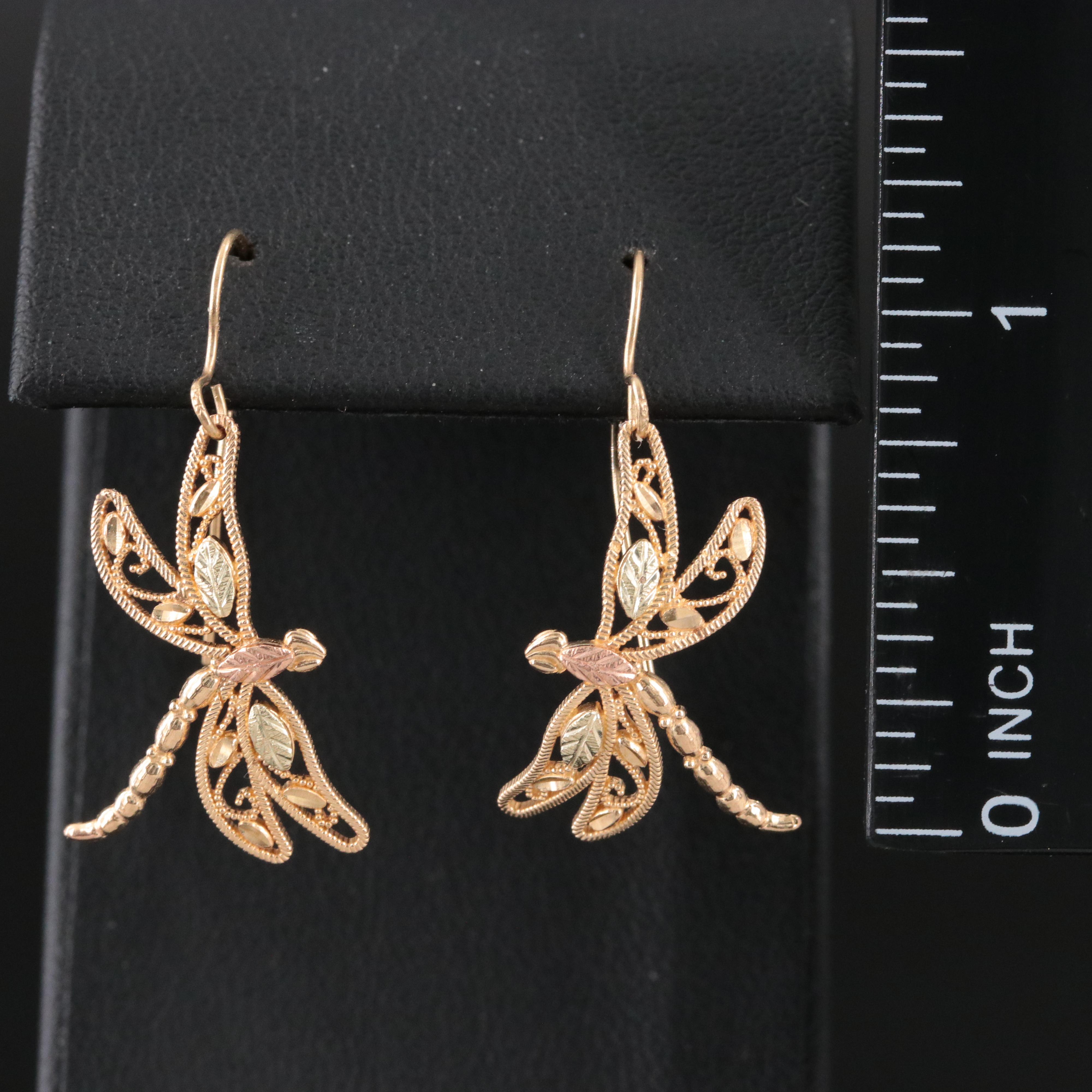 Coleman Black Hills Gold 10K Dragonfly Earrings with Rose and Green Gold Accents
