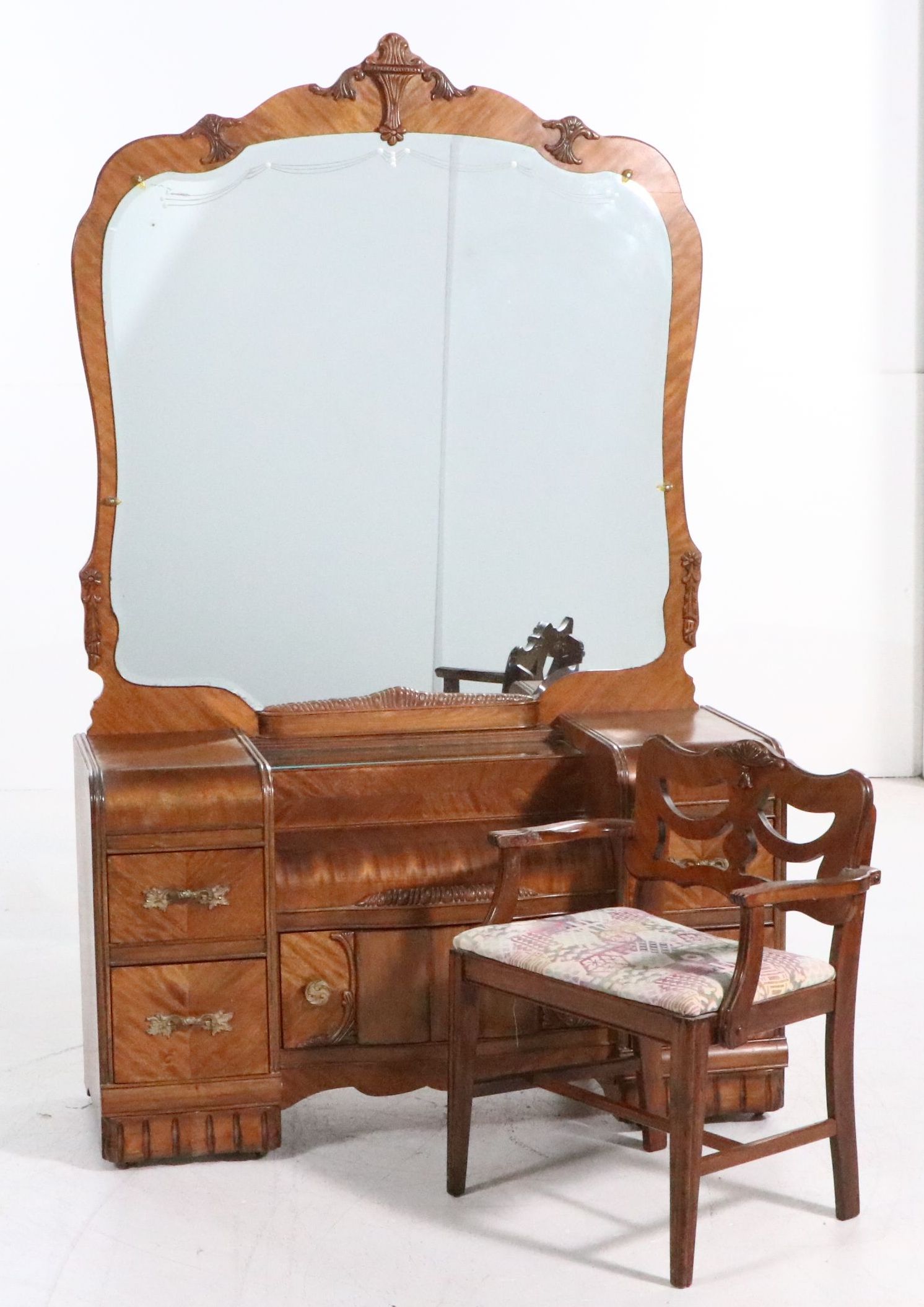 Art Deco Waterfall Front Walnut Vanity with Chair