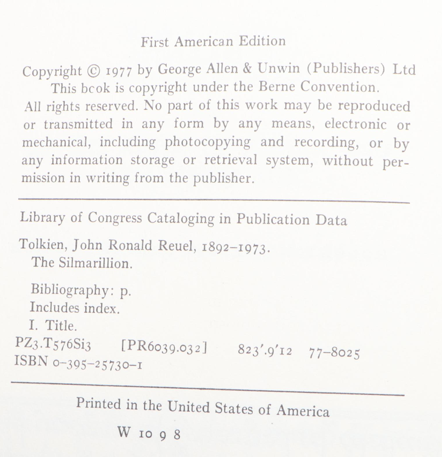First American Edition "The Silmarillion" by J. R. R. Tolkien with Map, 1977