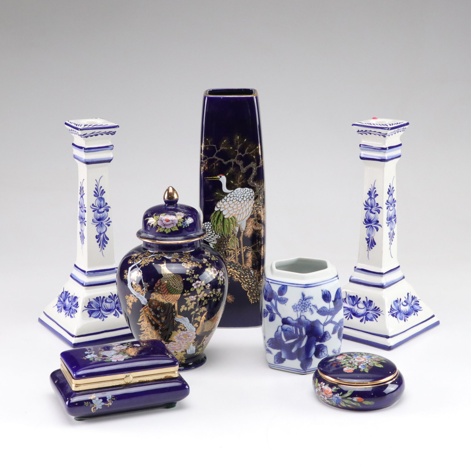 Cobalt Blue Ceramic Ginger Jar, Dresser Boxes, and Vase