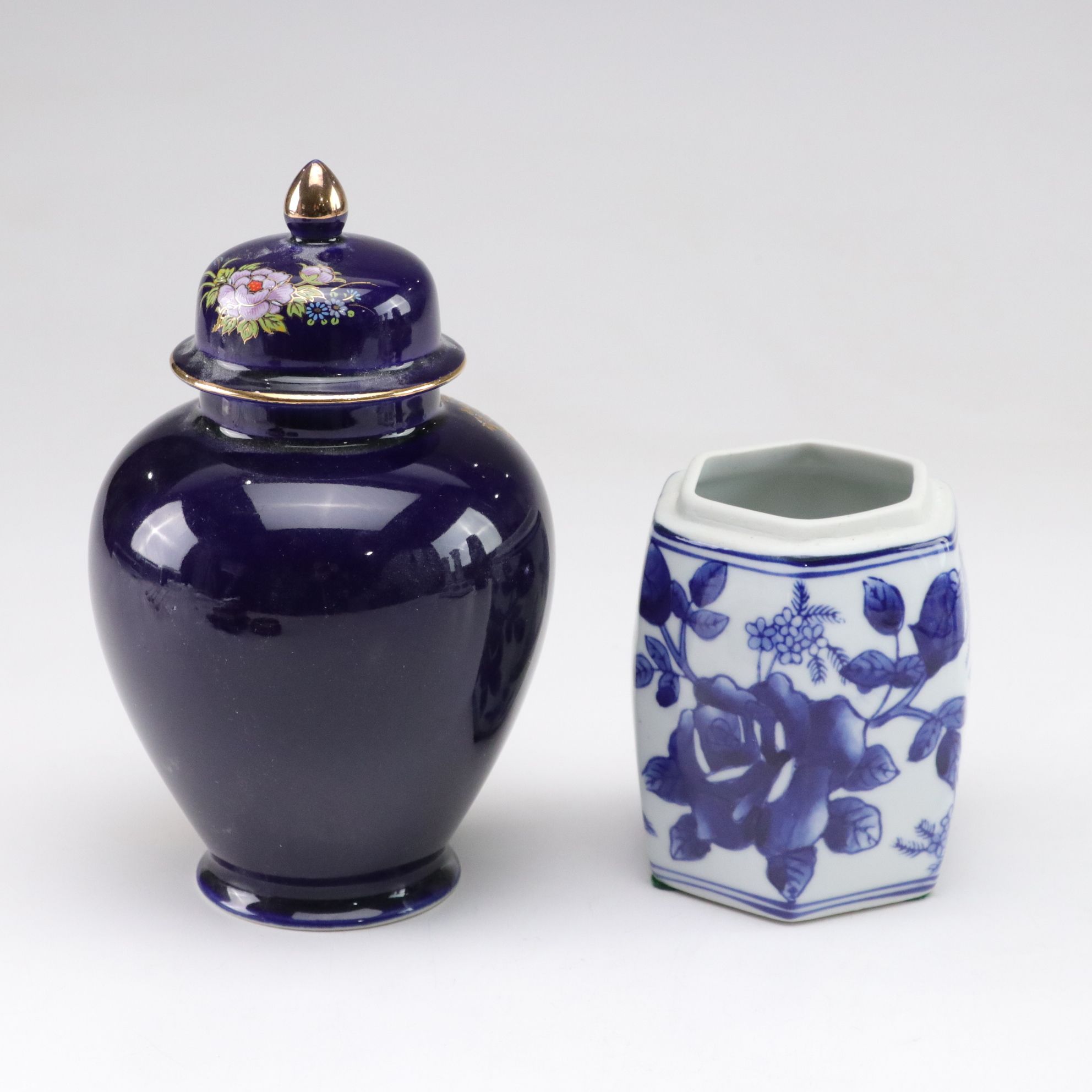 Cobalt Blue Ceramic Ginger Jar, Dresser Boxes, and Vase