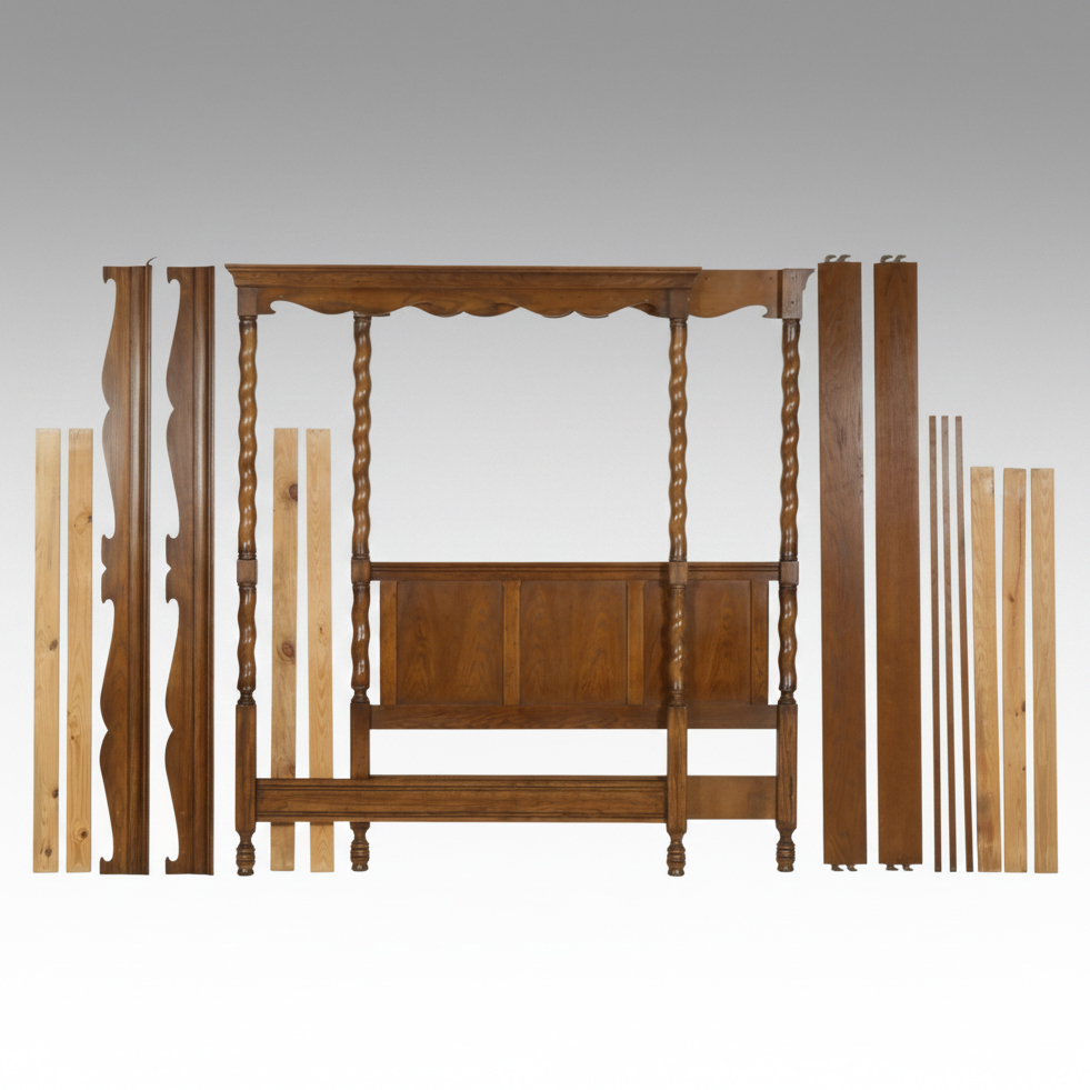 Oak Barley Twist Queen Size Canopy Bed Frame