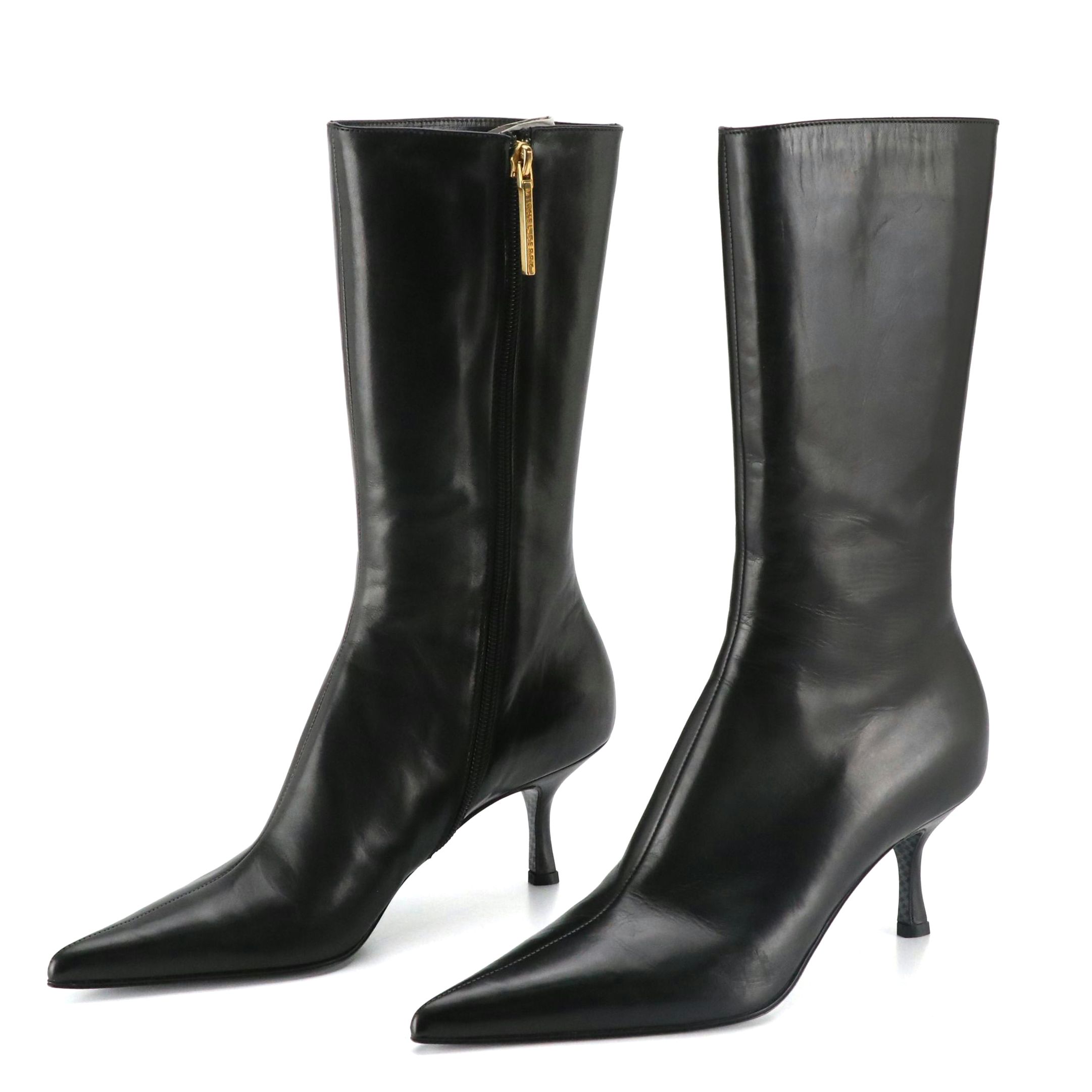 Michel Perry Black Leather Calf-Length Pointy-Toe Boots