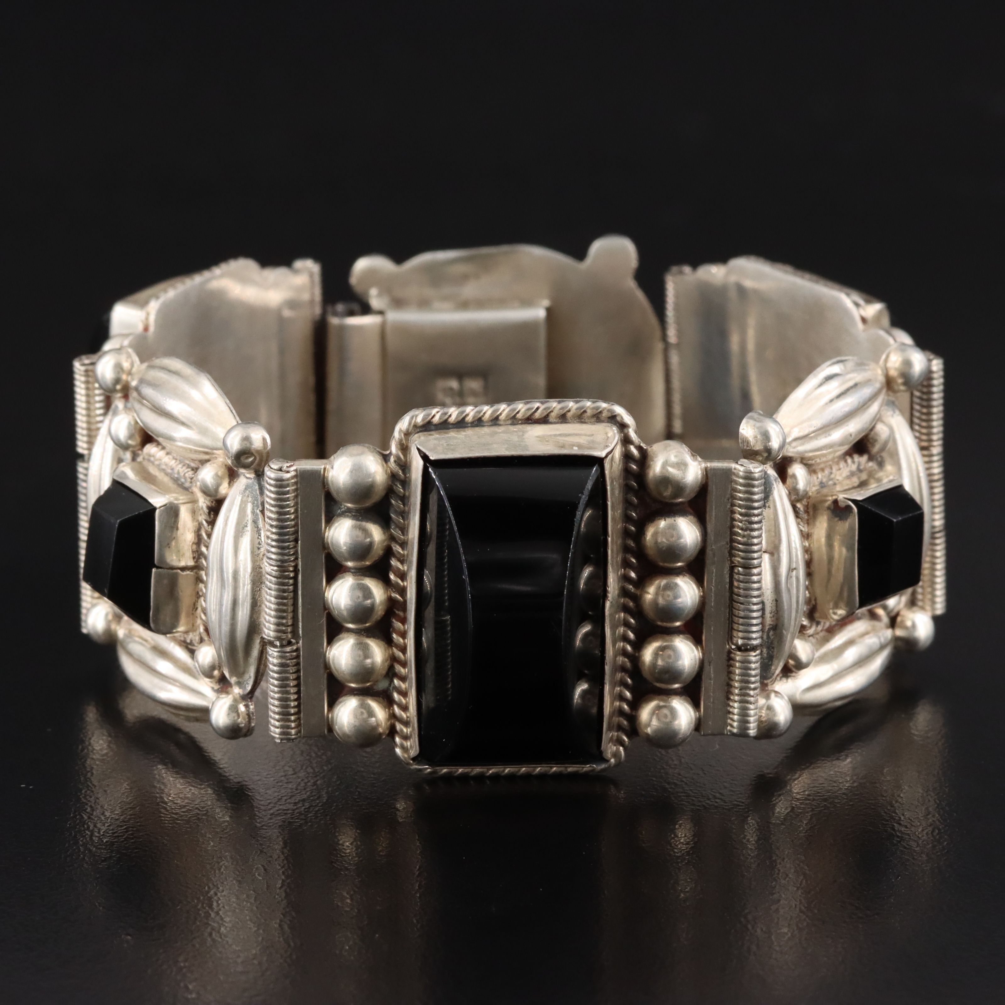 Mexican Sterling Obsidian Panel  Bracelet