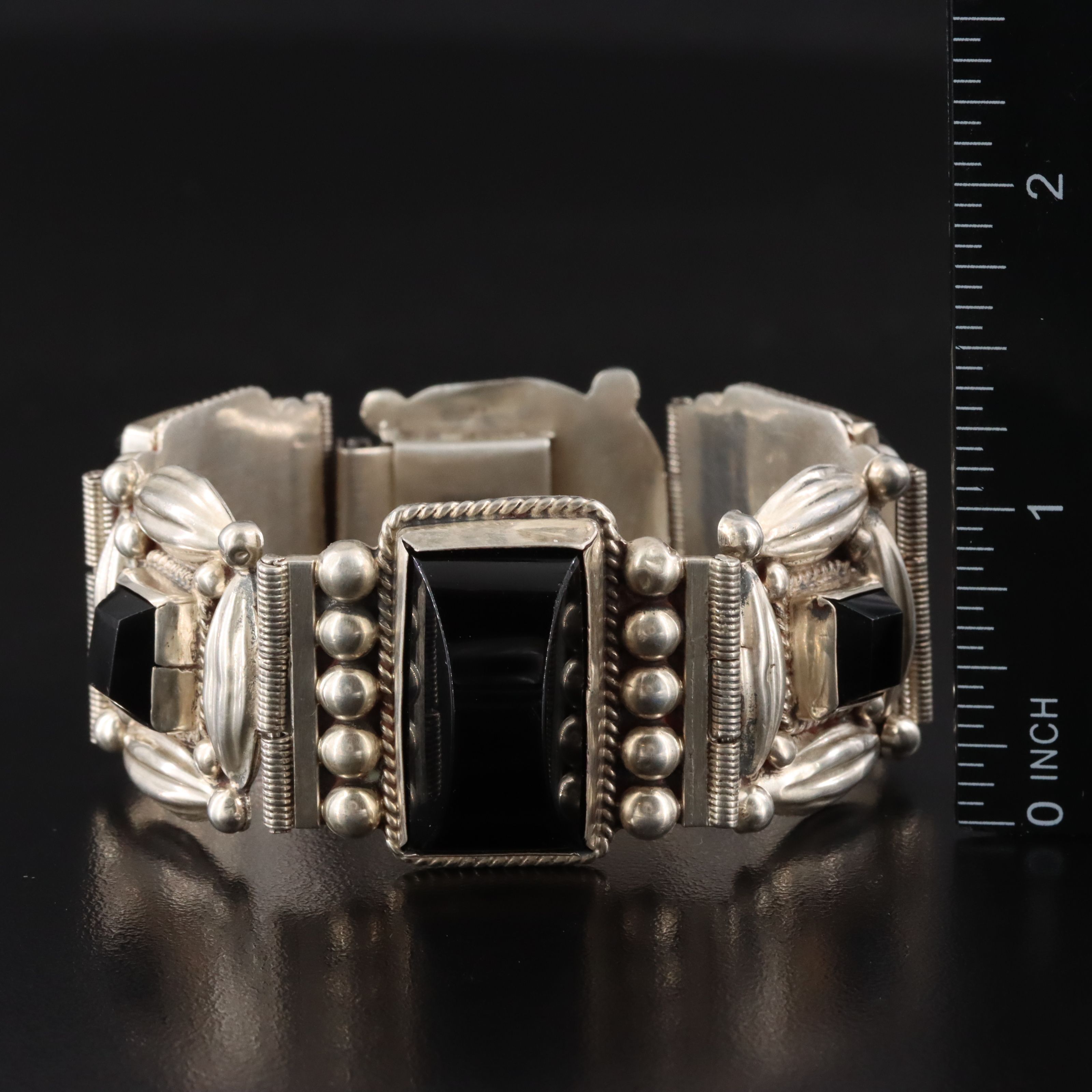 Mexican Sterling Obsidian Panel  Bracelet