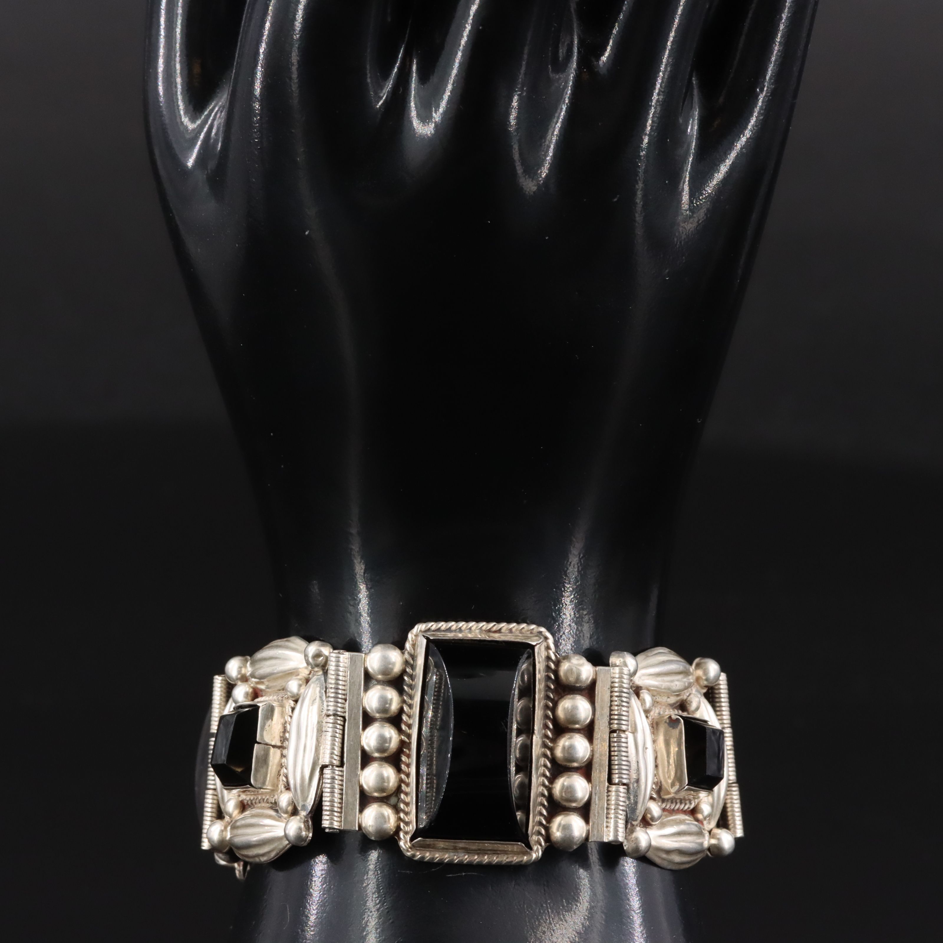 Mexican Sterling Obsidian Panel  Bracelet