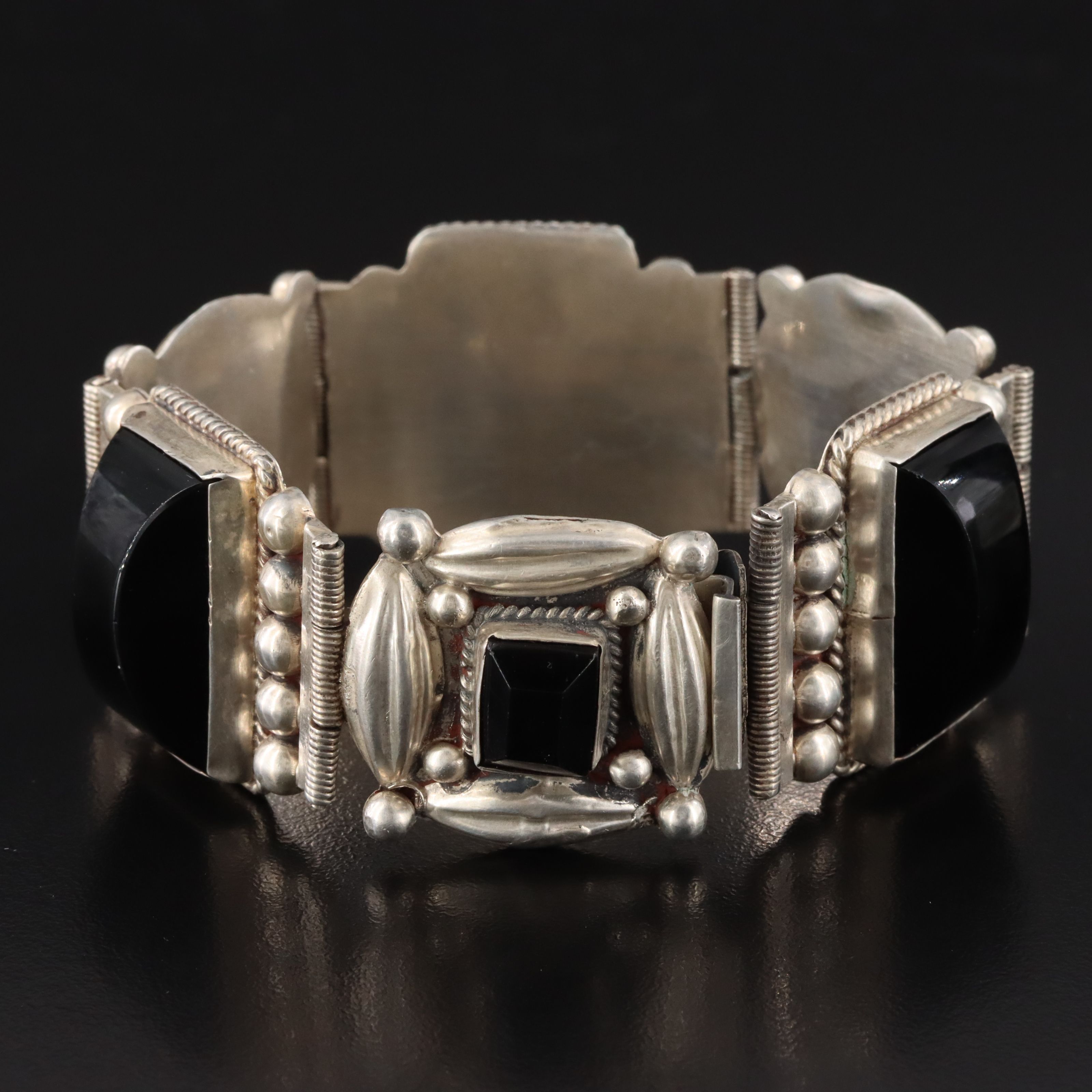 Mexican Sterling Obsidian Panel  Bracelet