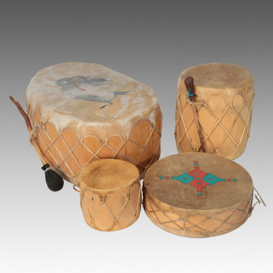 Hide Covered Wooden Drums with Southwestern Style Painted Details, Mallets