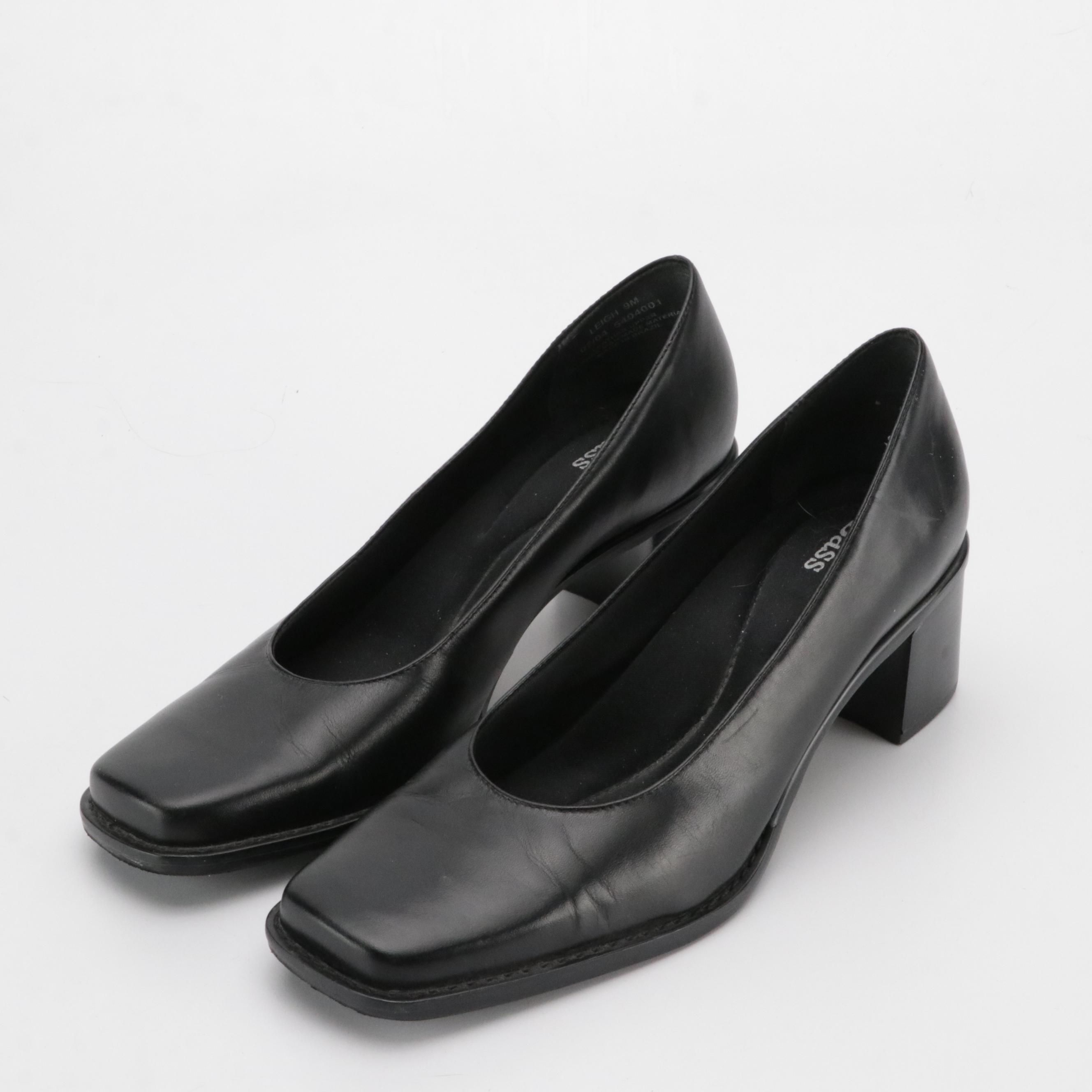 Bass Black Leather Square-Toe Block Heel Pumps