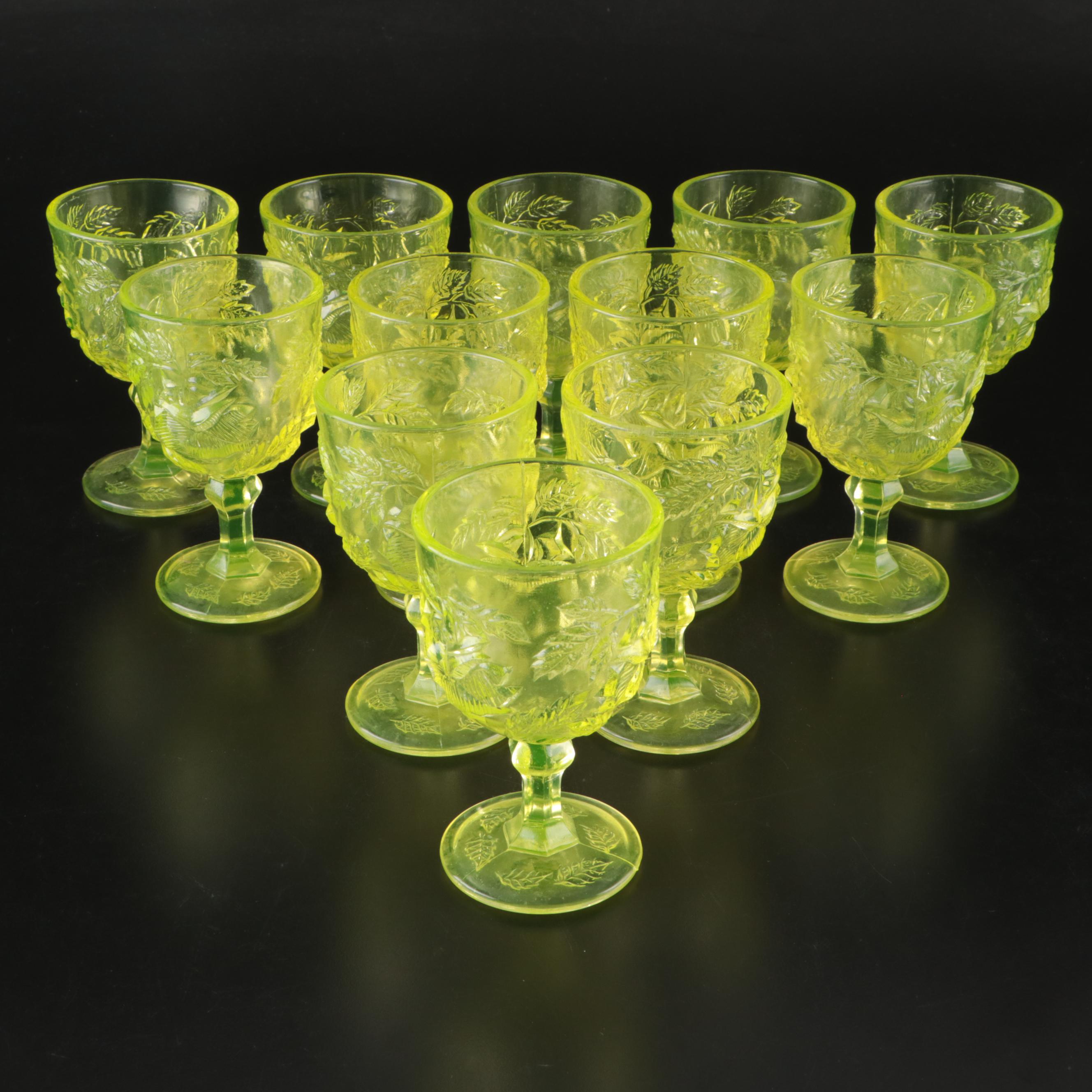 Fenton "Wild Rose" Madonna Inn Pressed Uranium Glass Goblets, 20th Century