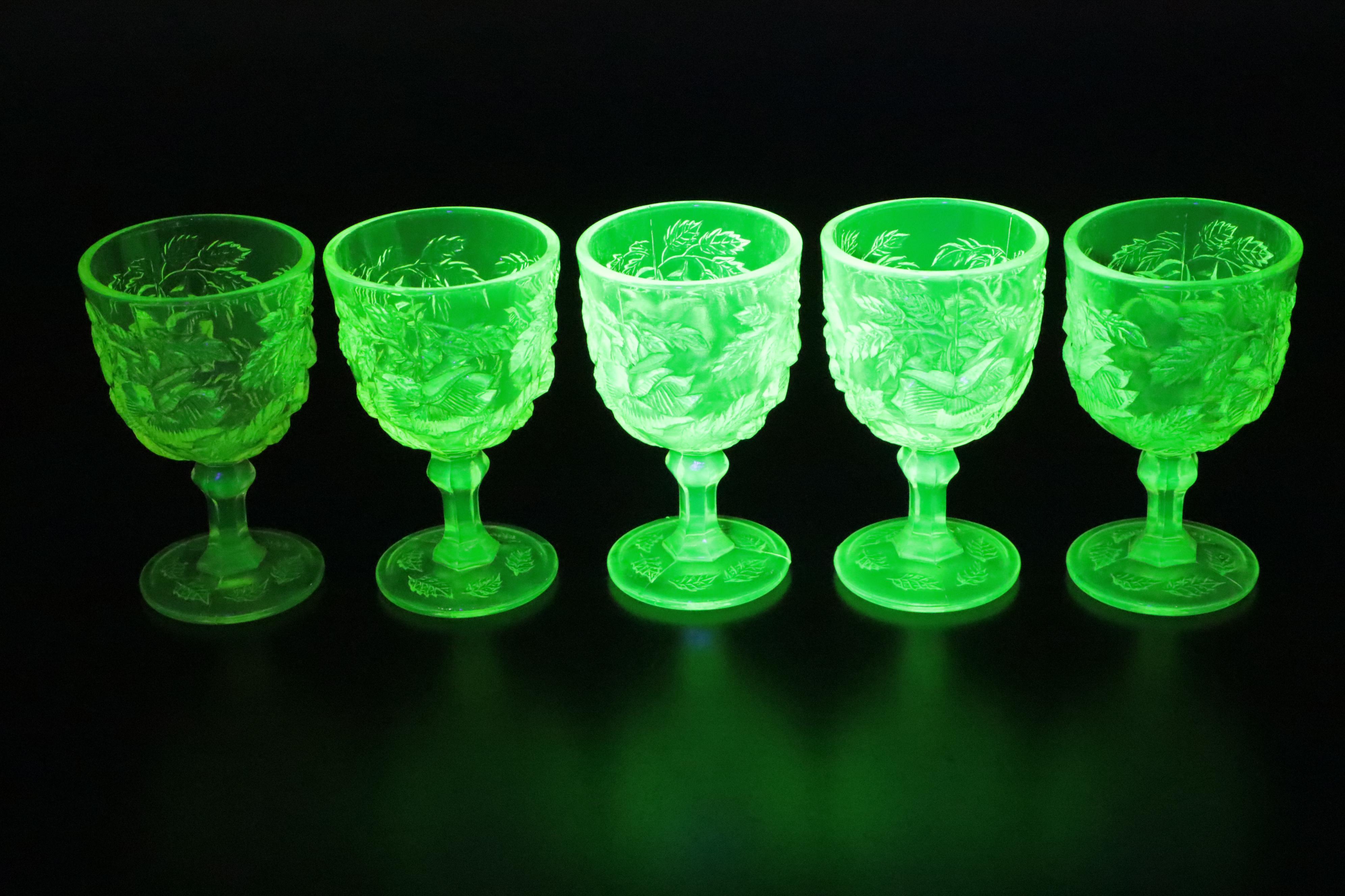Fenton "Wild Rose" Madonna Inn Pressed Uranium Glass Goblets, 20th Century