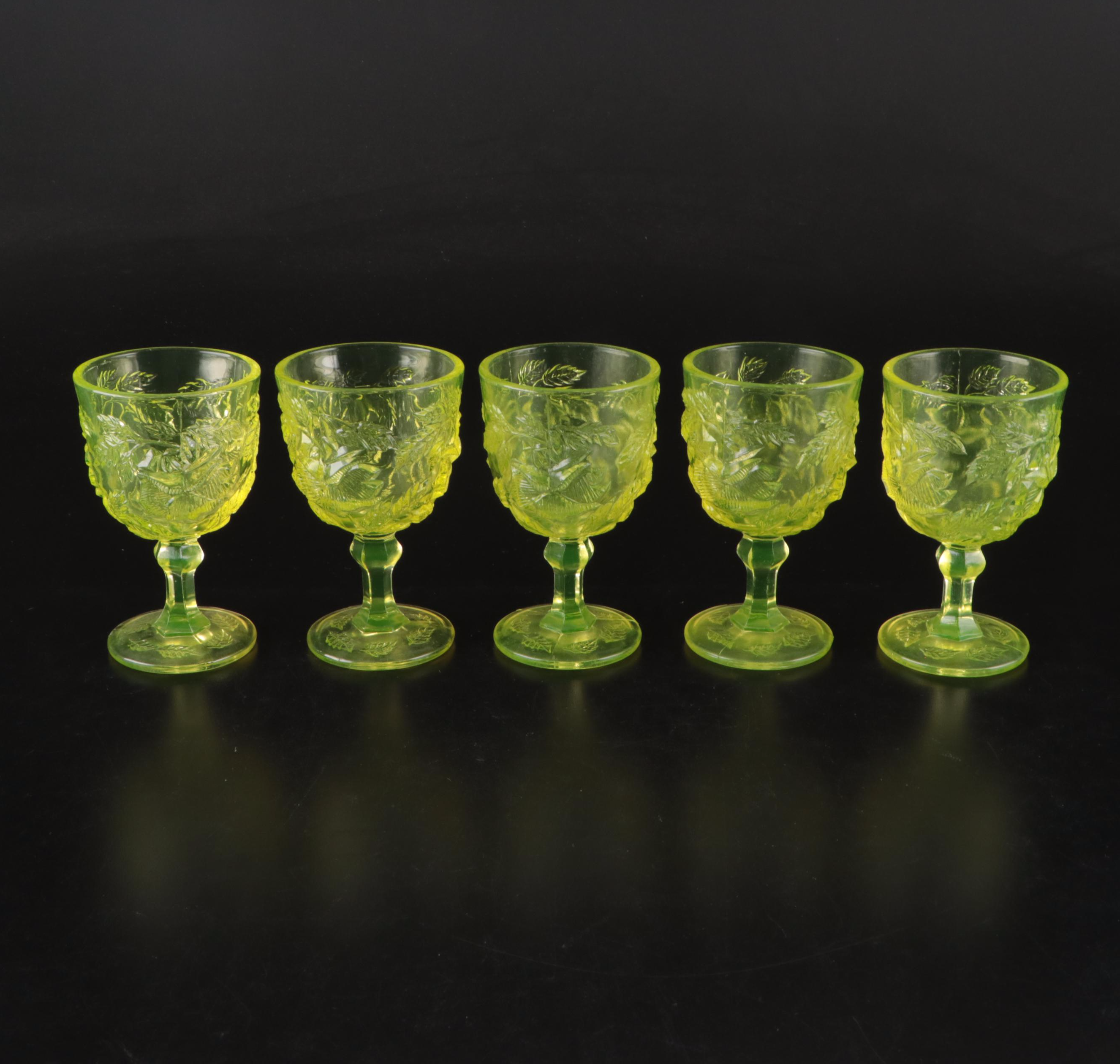 Fenton "Wild Rose" Madonna Inn Pressed Uranium Glass Goblets, 20th Century