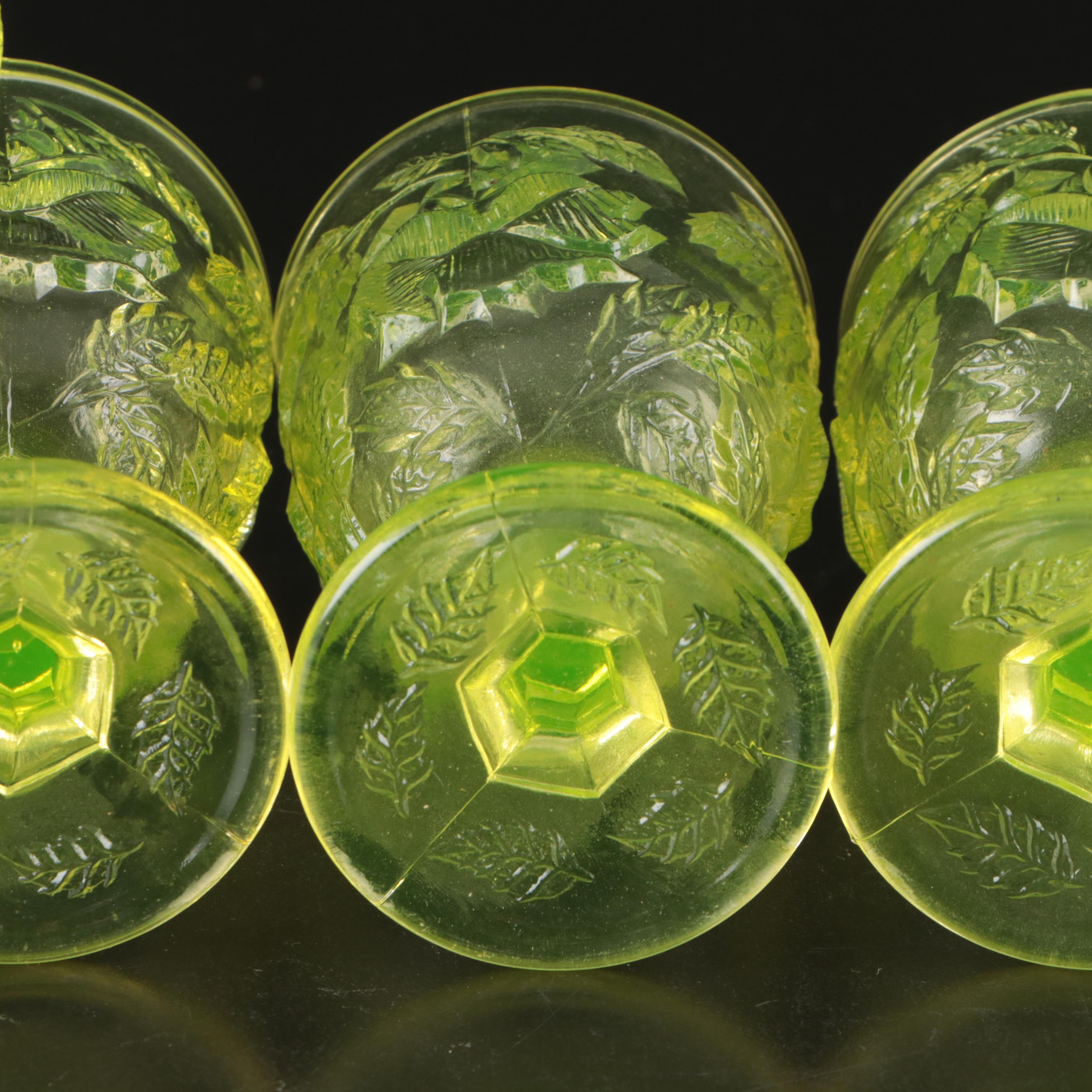 Fenton "Wild Rose" Madonna Inn Pressed Uranium Glass Goblets, 20th Century