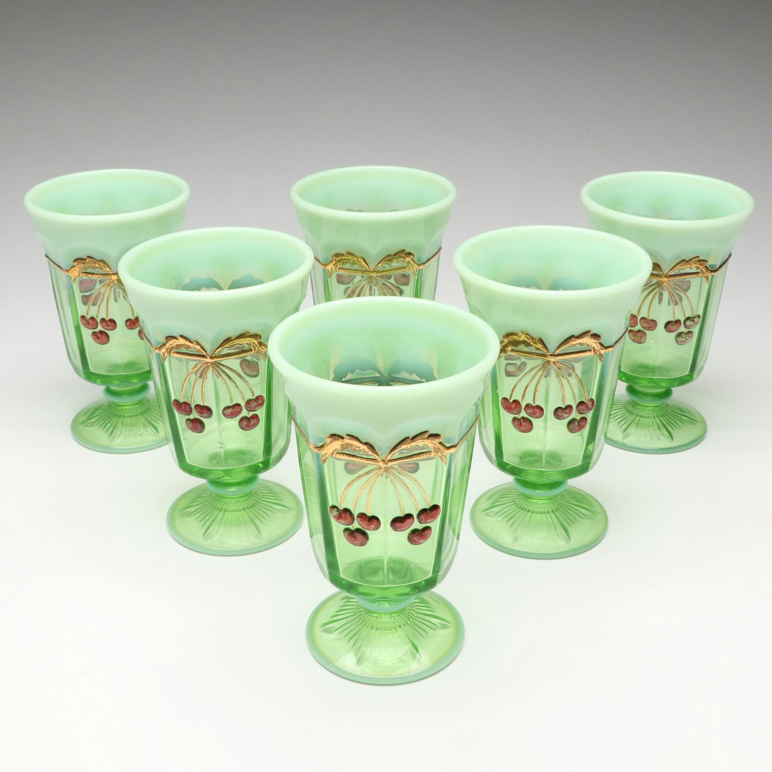 Mosser "Cherry Thumbprint" Green Opalescent Decorated Iced Tea Glasses